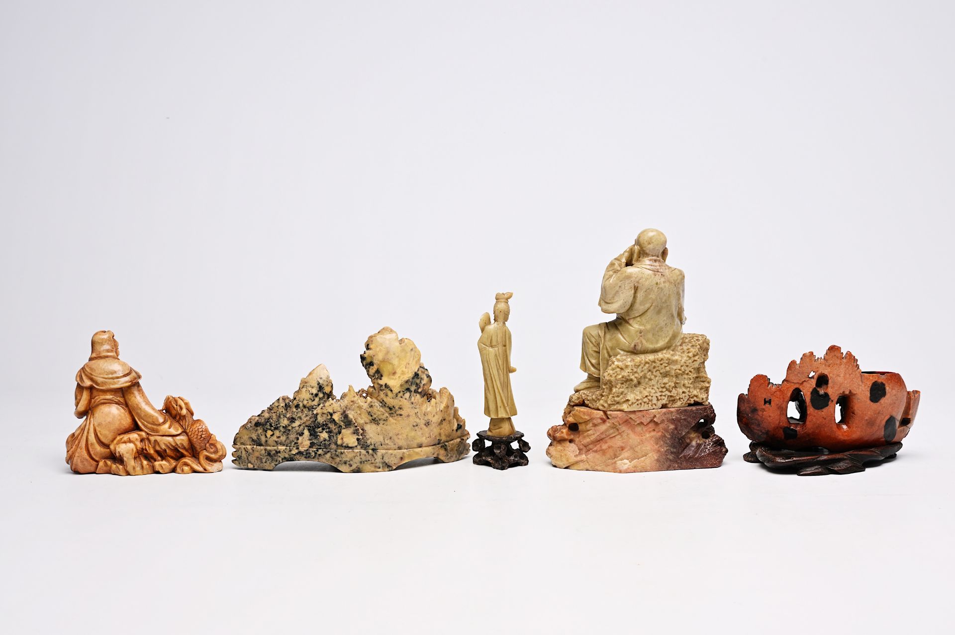 Five Chinese soapstone sculptures, three turquoise glazed lions and a pair of blue and white plates, - Image 4 of 24