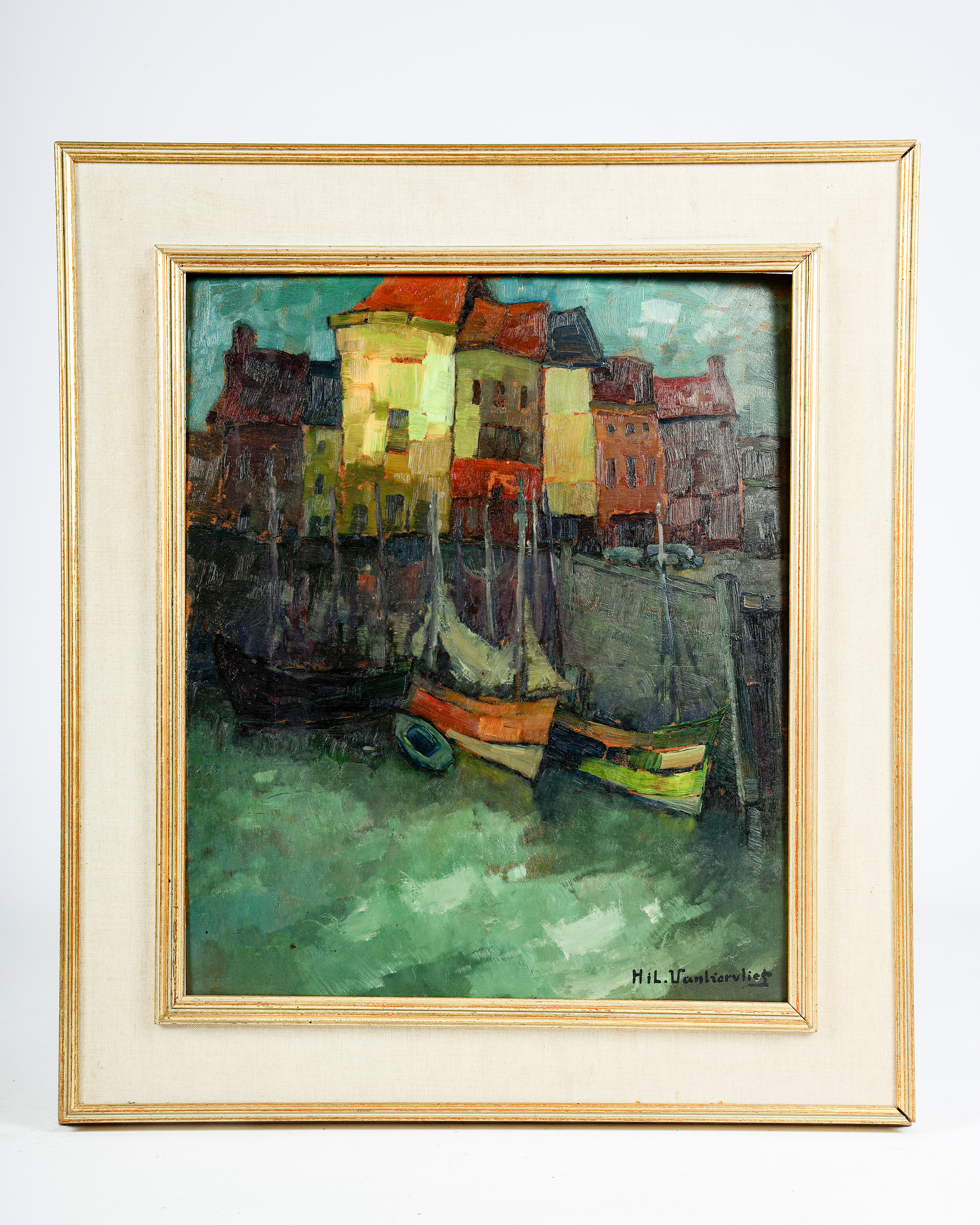 Hilaire Van Biervliet (1891-1982): A harbour view, oil on board - Image 2 of 5