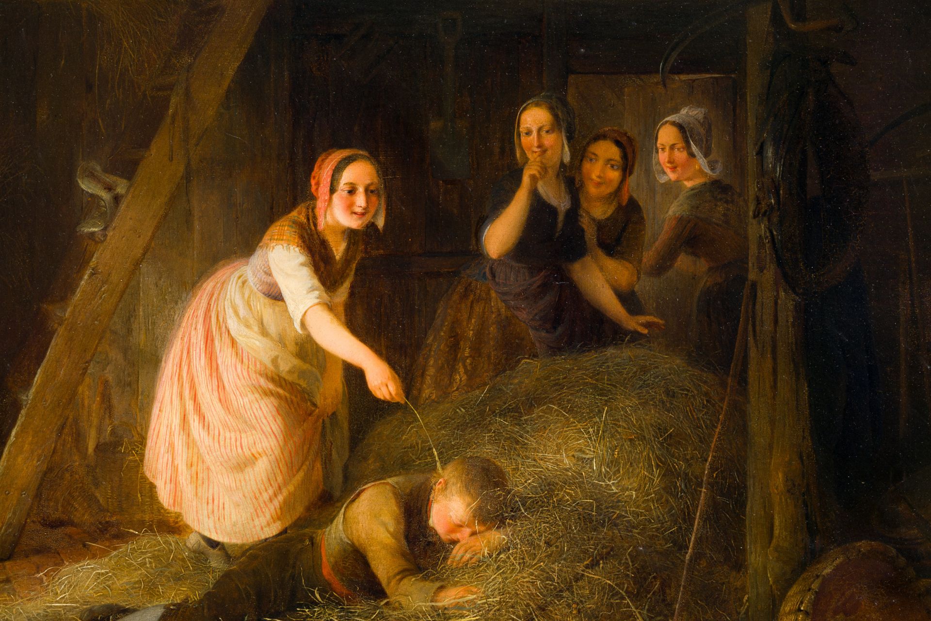 Ferdinand I De Braekeleer (1792-1883): Boy sleeping in the hay in a stable being teased by four girl - Image 4 of 5