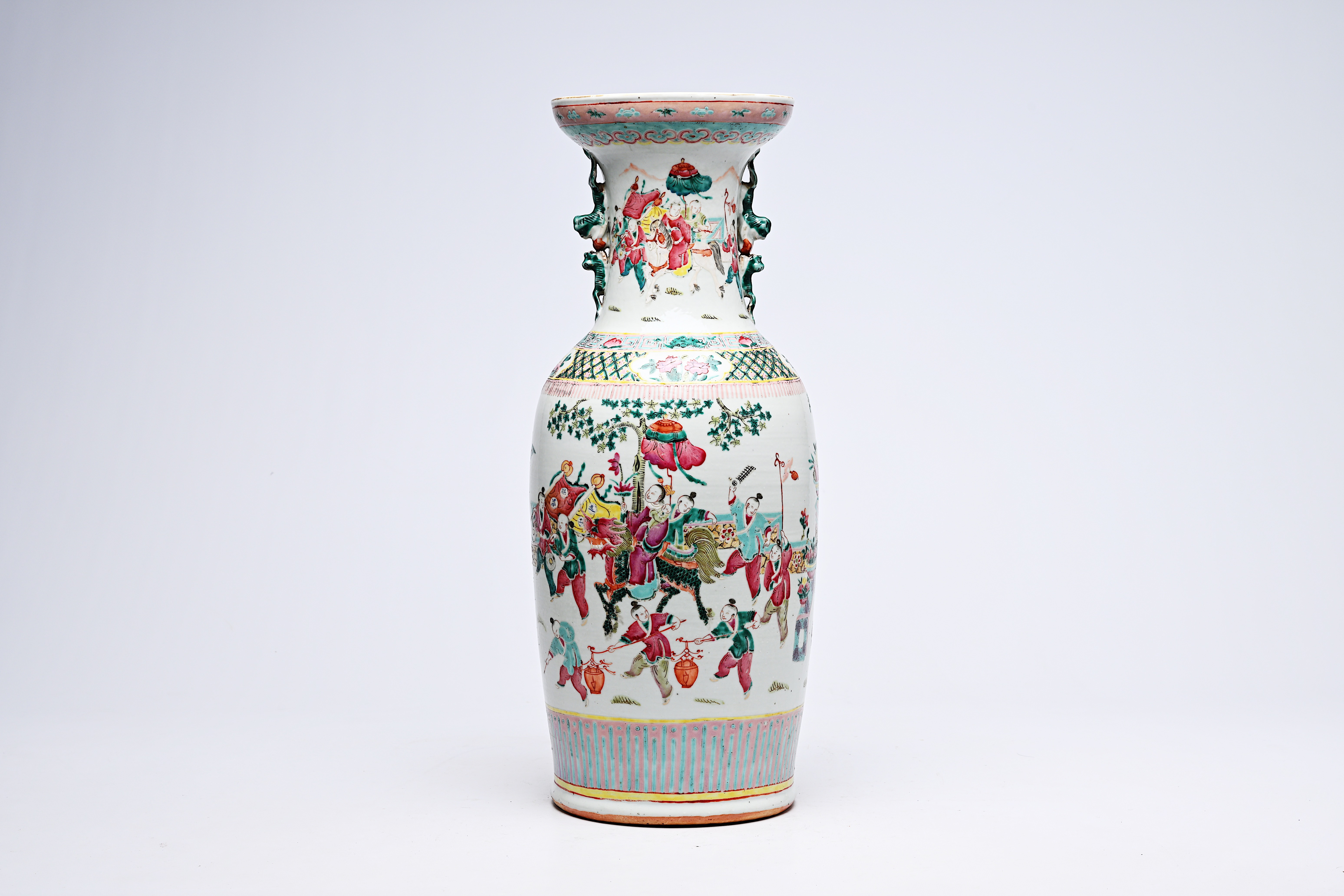 A Chinese famille rose vase with the qilin Song Zi and figures in a landscape, 19th C. - Image 6 of 16