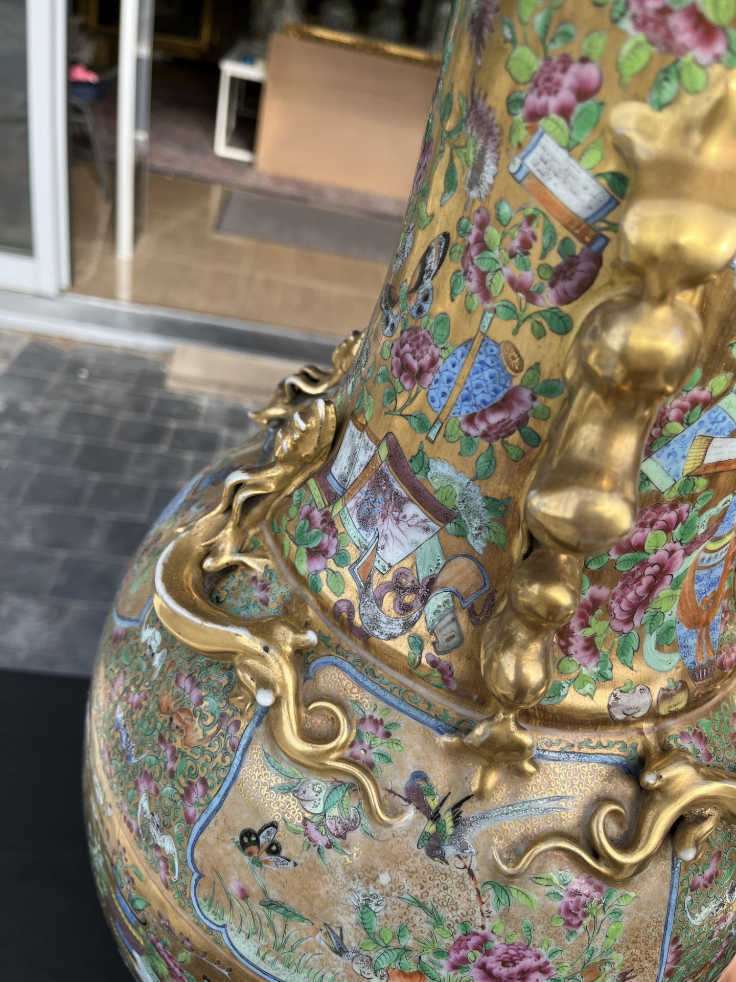 A pair of Chinese Canton famille rose gold ground vases with birds and butterflies among blossoming - Image 39 of 60