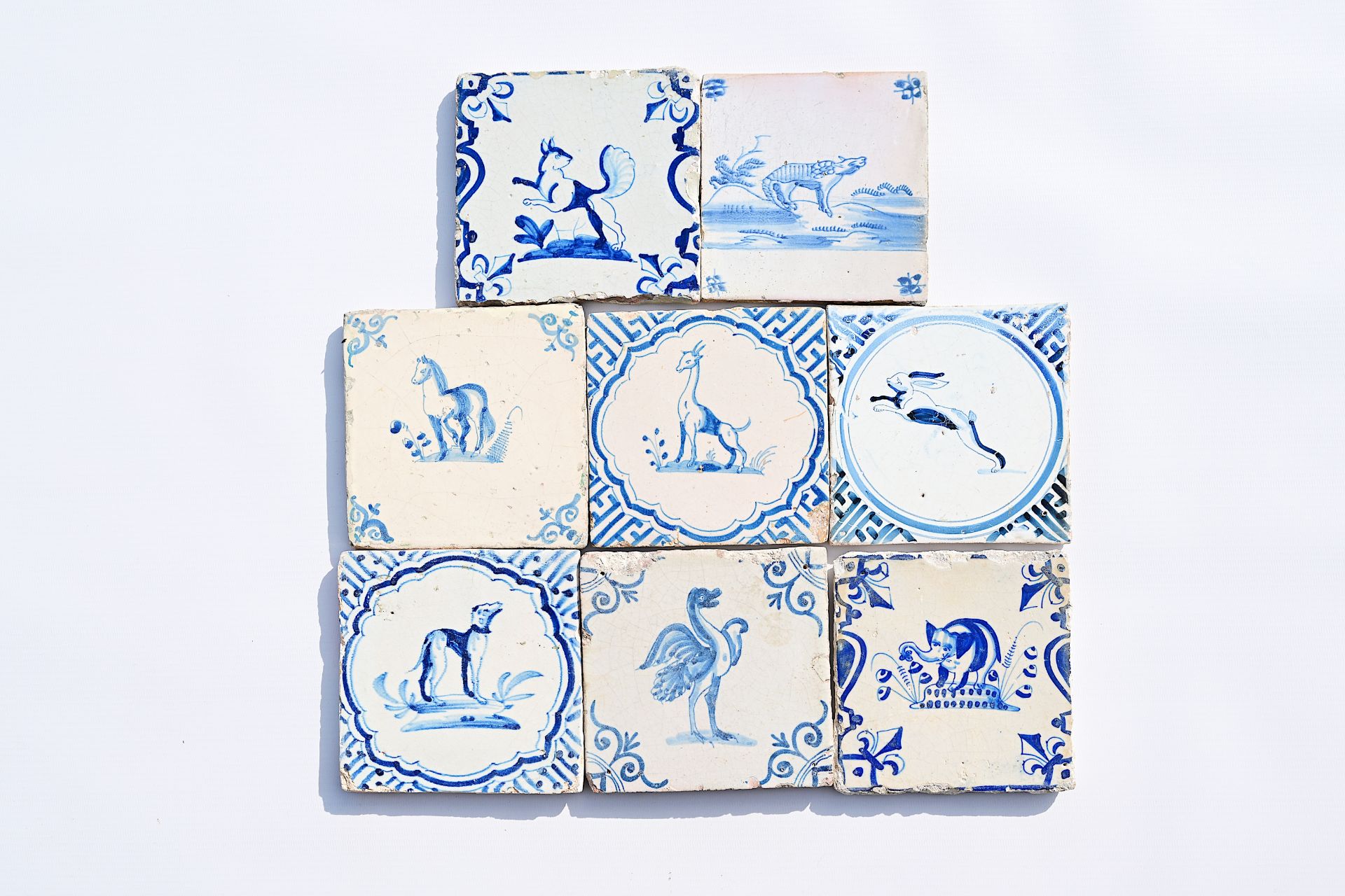 Eight Dutch Delft blue and white 'animal' tiles, a.o. an elephant, 17th C.
