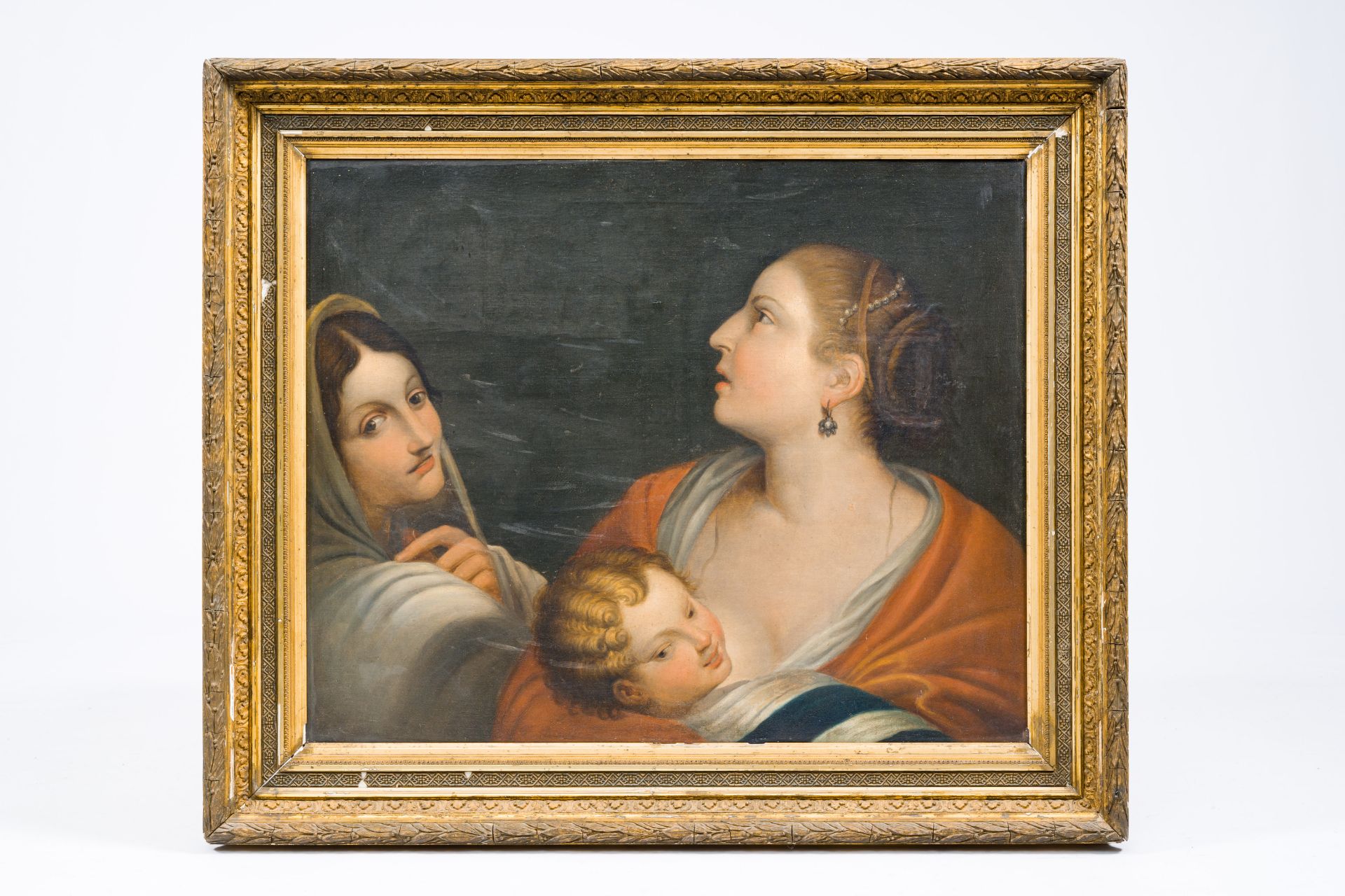 European school: Two ladies and a child, oil on canvas, 19th C. - Image 2 of 6