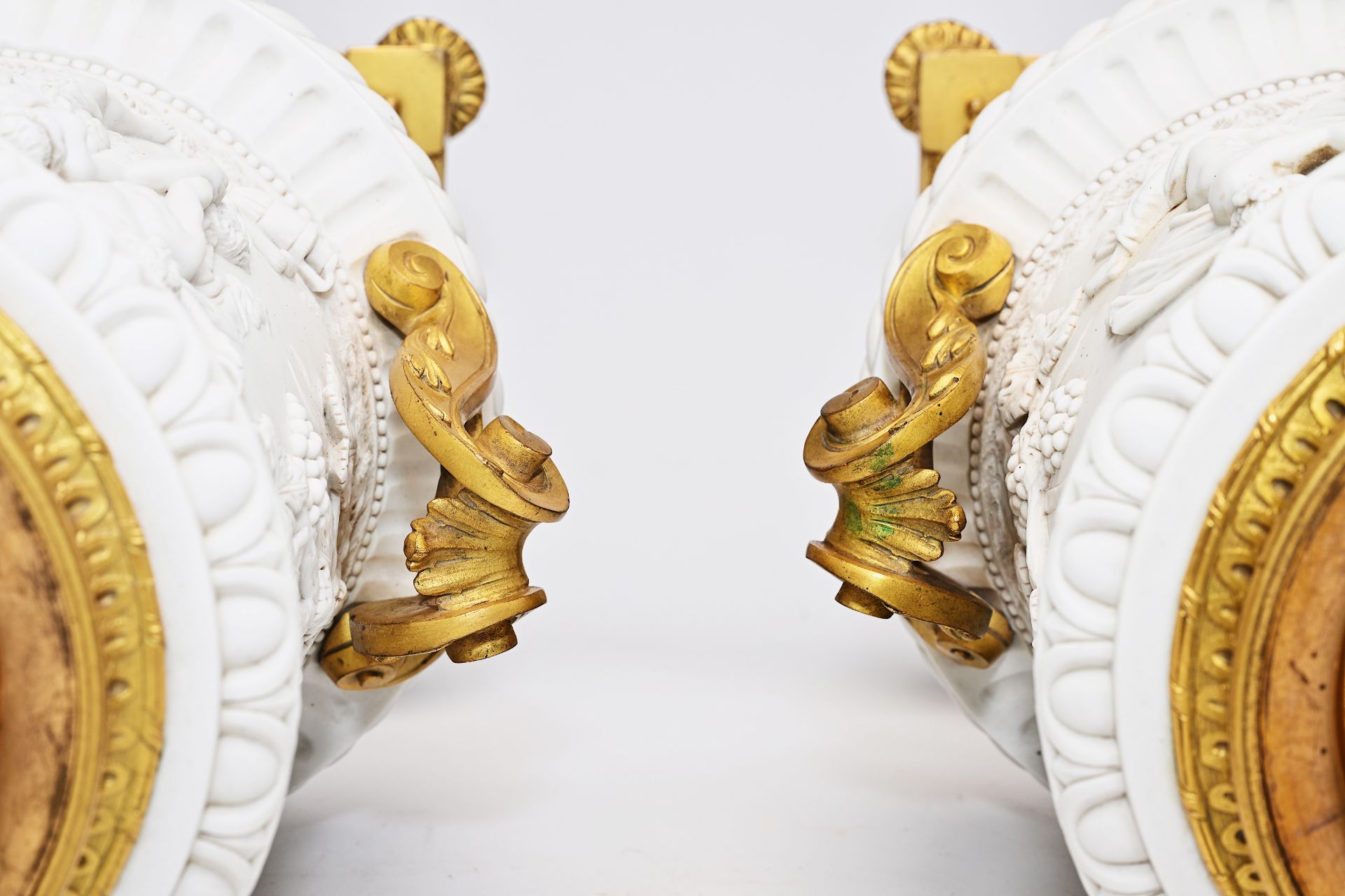 A pair of French biscuit gilt bronze mounted vases and covers with a frieze with bacchantes, Sevres - Image 8 of 14