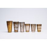 Six engraved brass and pewter cups for lassi, India, first half 20th C.