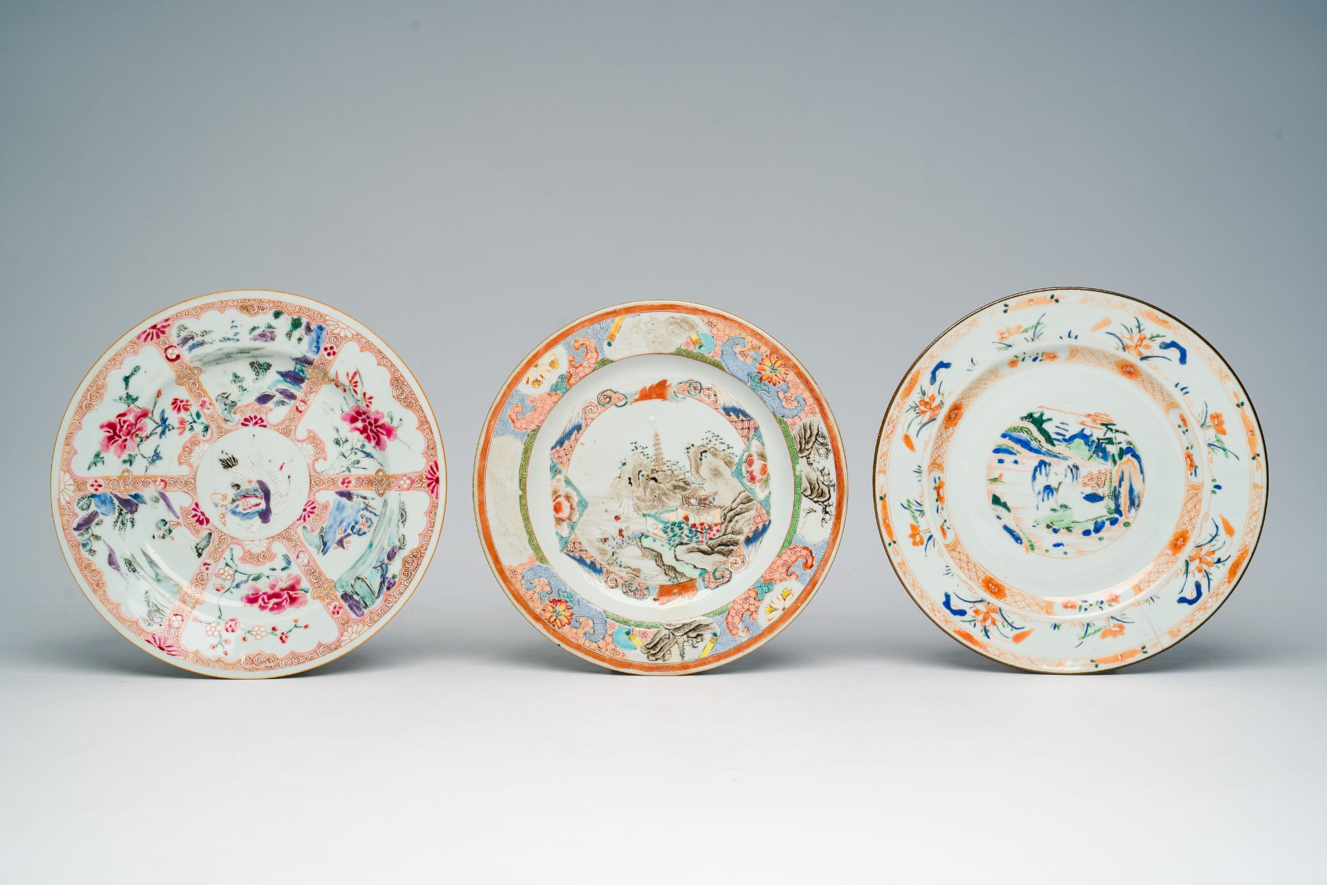 Three Chinese famille rose and famille verte 'landscape' plates, Qianlong - Image 2 of 3