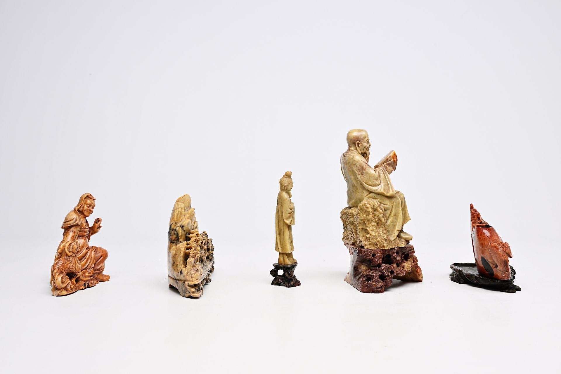 Five Chinese soapstone sculptures, three turquoise glazed lions and a pair of blue and white plates, - Image 5 of 24