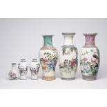 Six Chinese famille rose vases with figures in a landscape and birds between blossoming branches, 20
