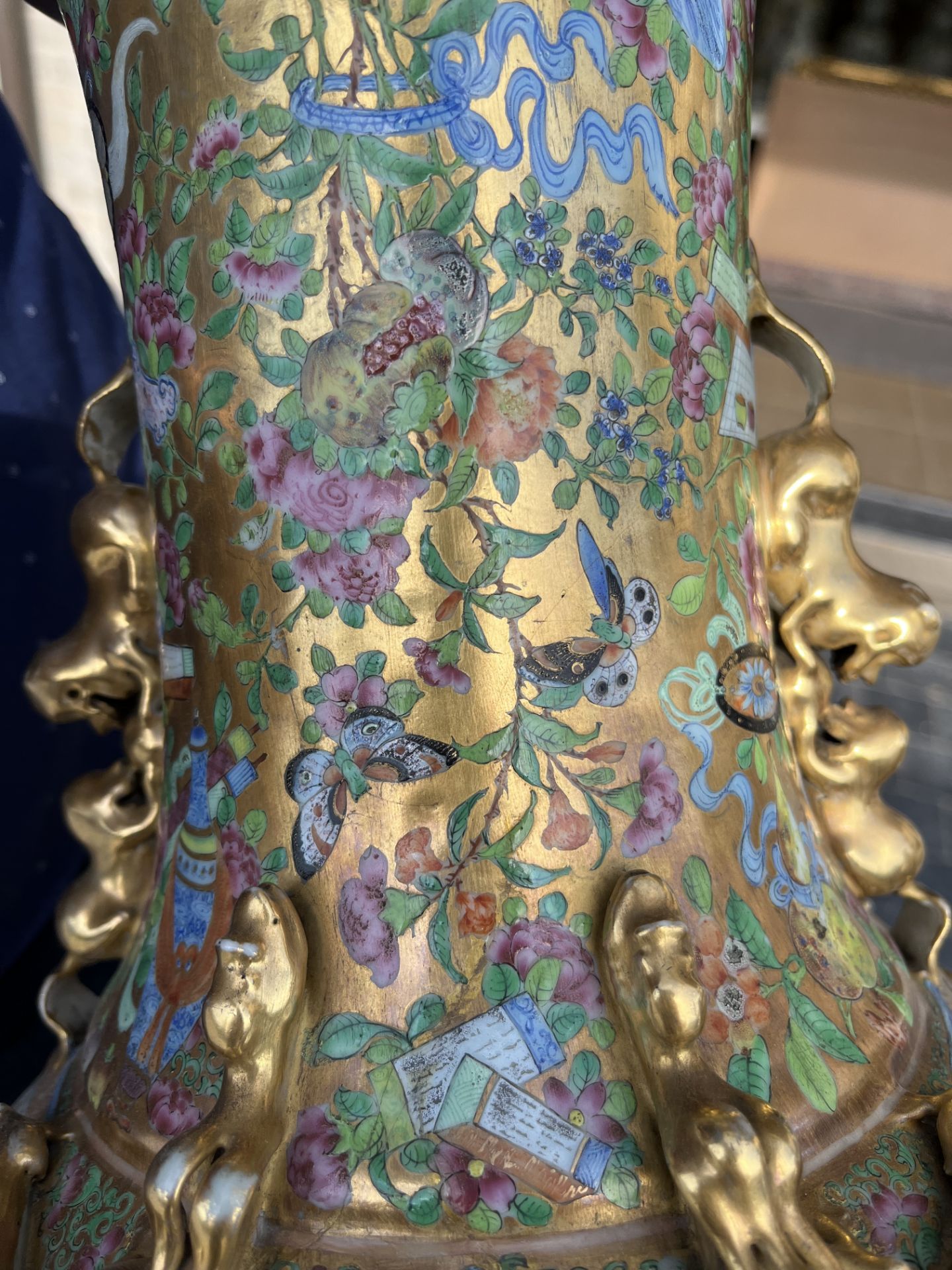 A pair of Chinese Canton famille rose gold ground vases with birds and butterflies among blossoming - Image 58 of 60