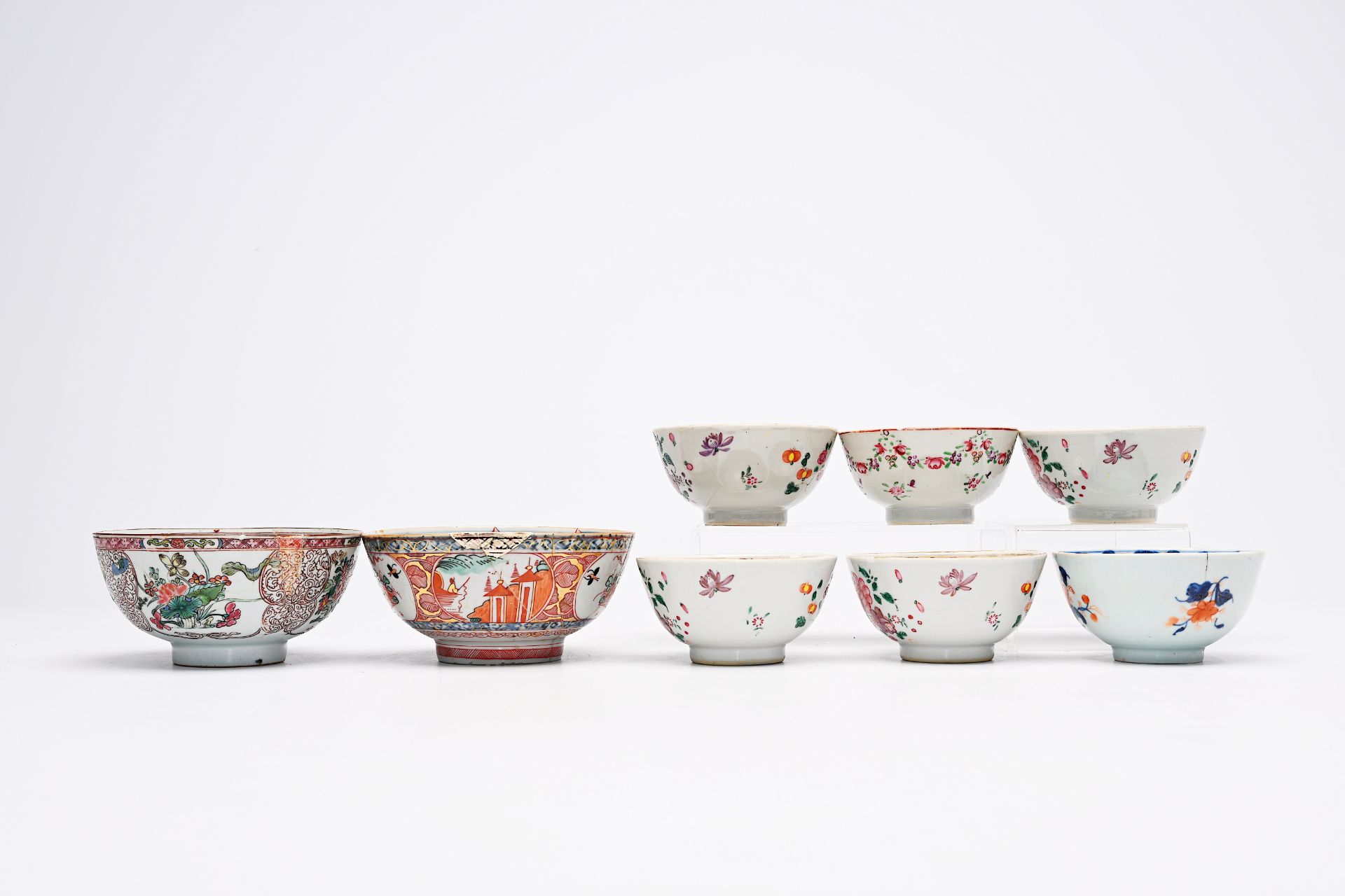 Eight Chinese famille rose, Imari style and Amsterdams bont cups and bowls, Yongzheng/Qianlong - Image 2 of 12