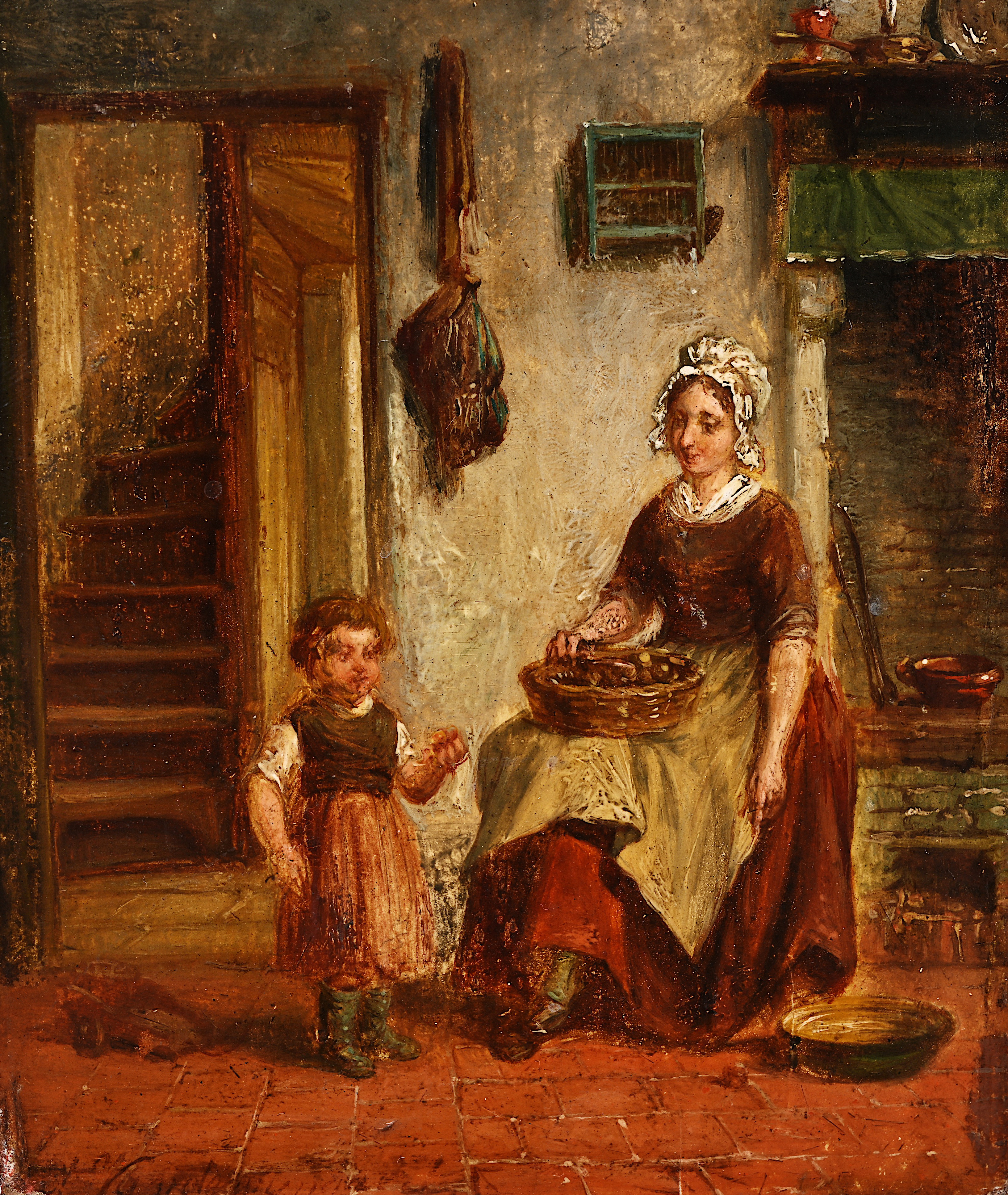 Illegibly signed: Mother and daughter in the kitchen, oil on panel, 19th/20th C.
