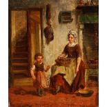 Illegibly signed: Mother and daughter in the kitchen, oil on panel, 19th/20th C.