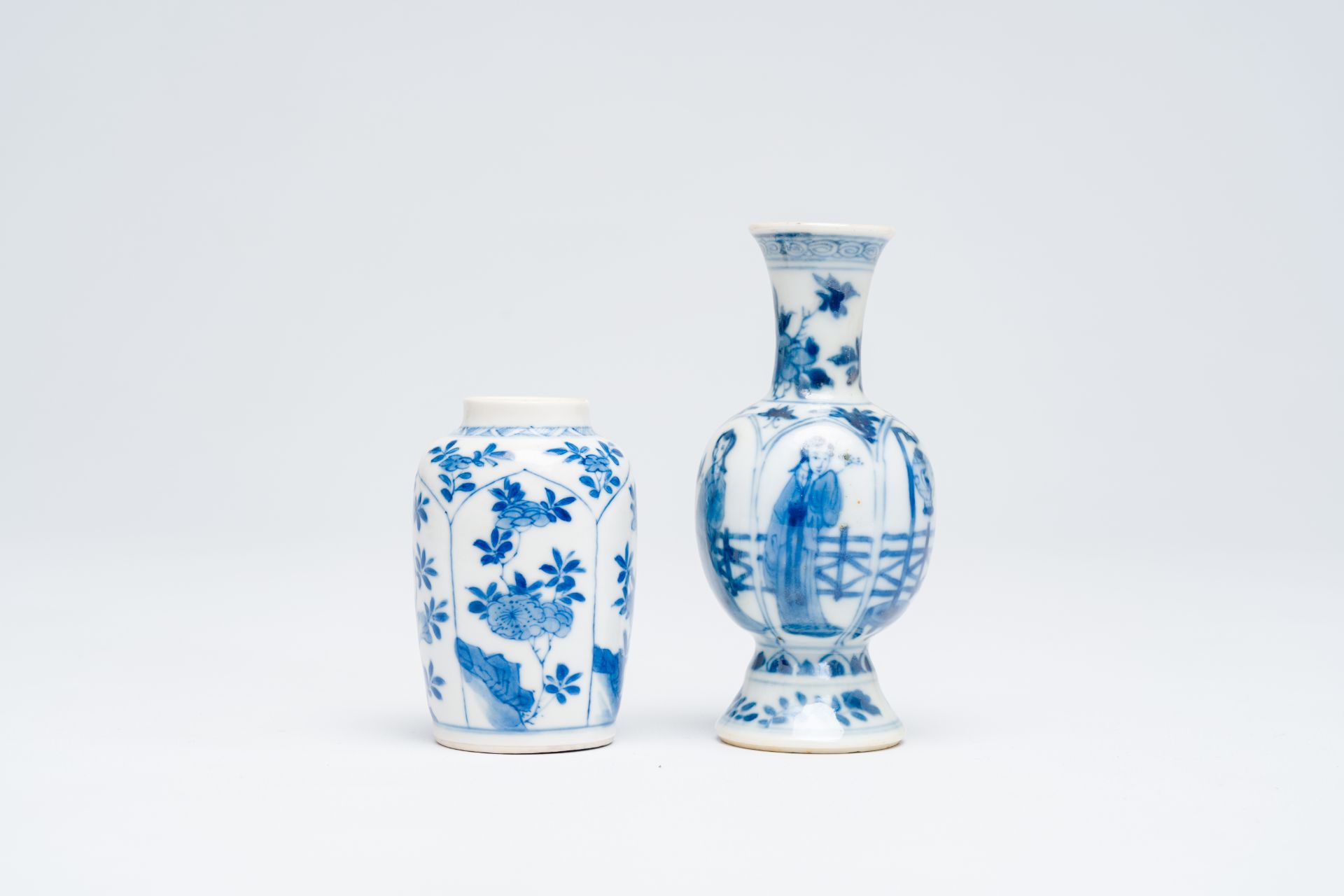 A Chinese blue and white soft paste vase with floral design and a 'ladies and birdcages' vase, Kangx - Image 3 of 6