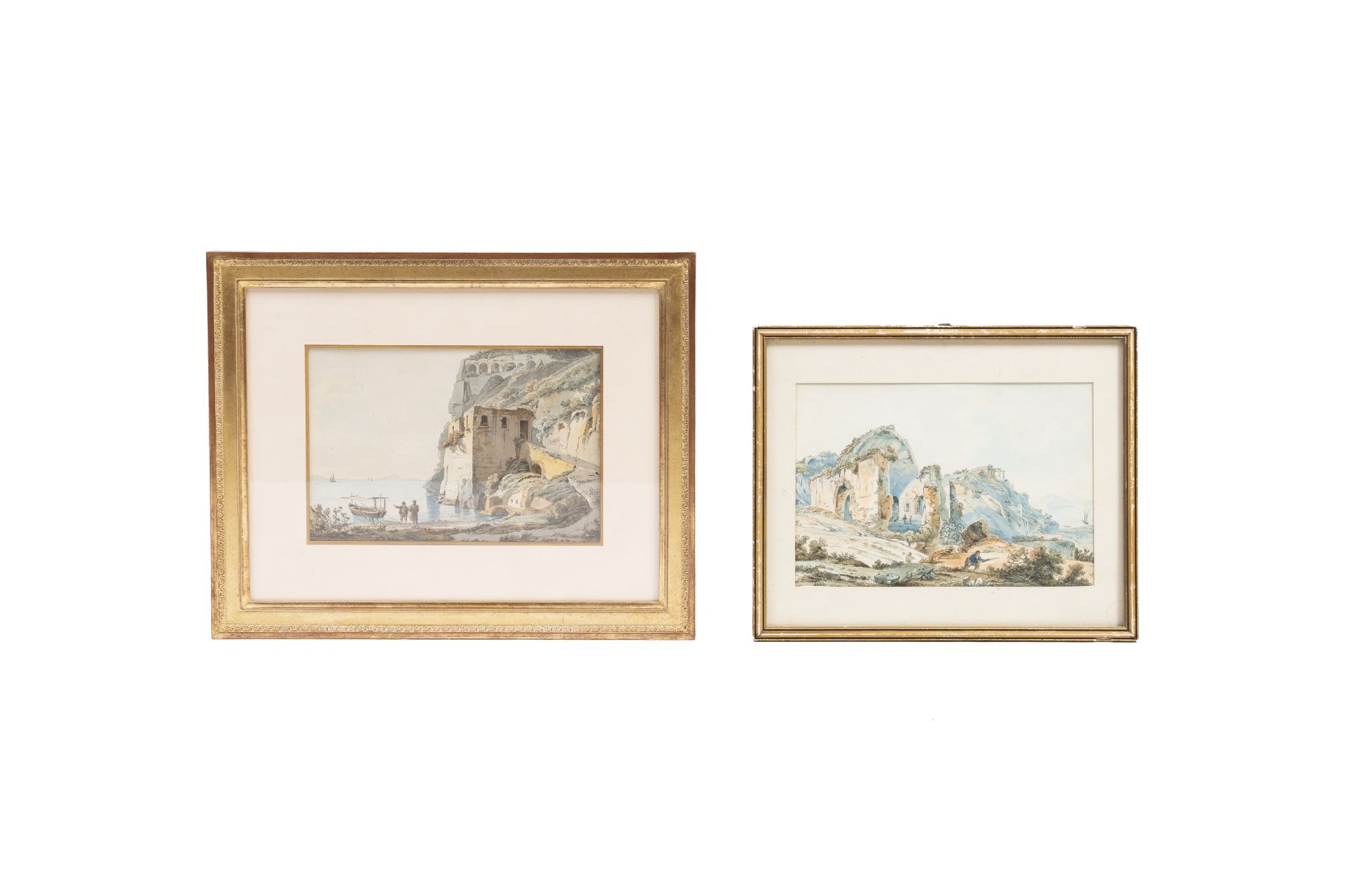 Italian school: Two coastal landscapes with ruins, mixed media, 19th C.