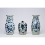 Two Chinese blue and white celadon ground vases and a ginger jar with antiquities, a dragon and a ph