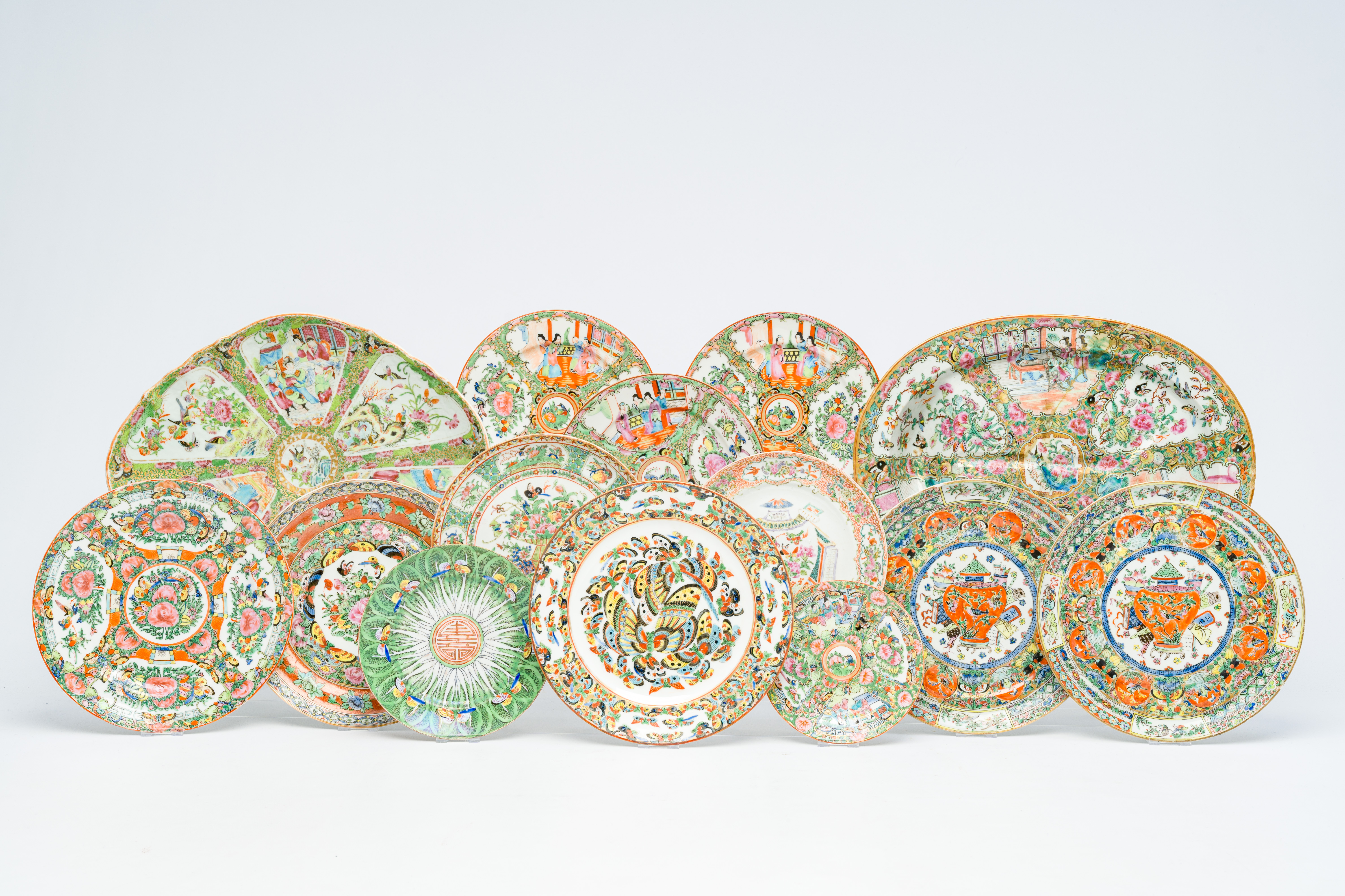 A varied collection of Chinese Canton famille rose plates and dishes, 19th/20th C.