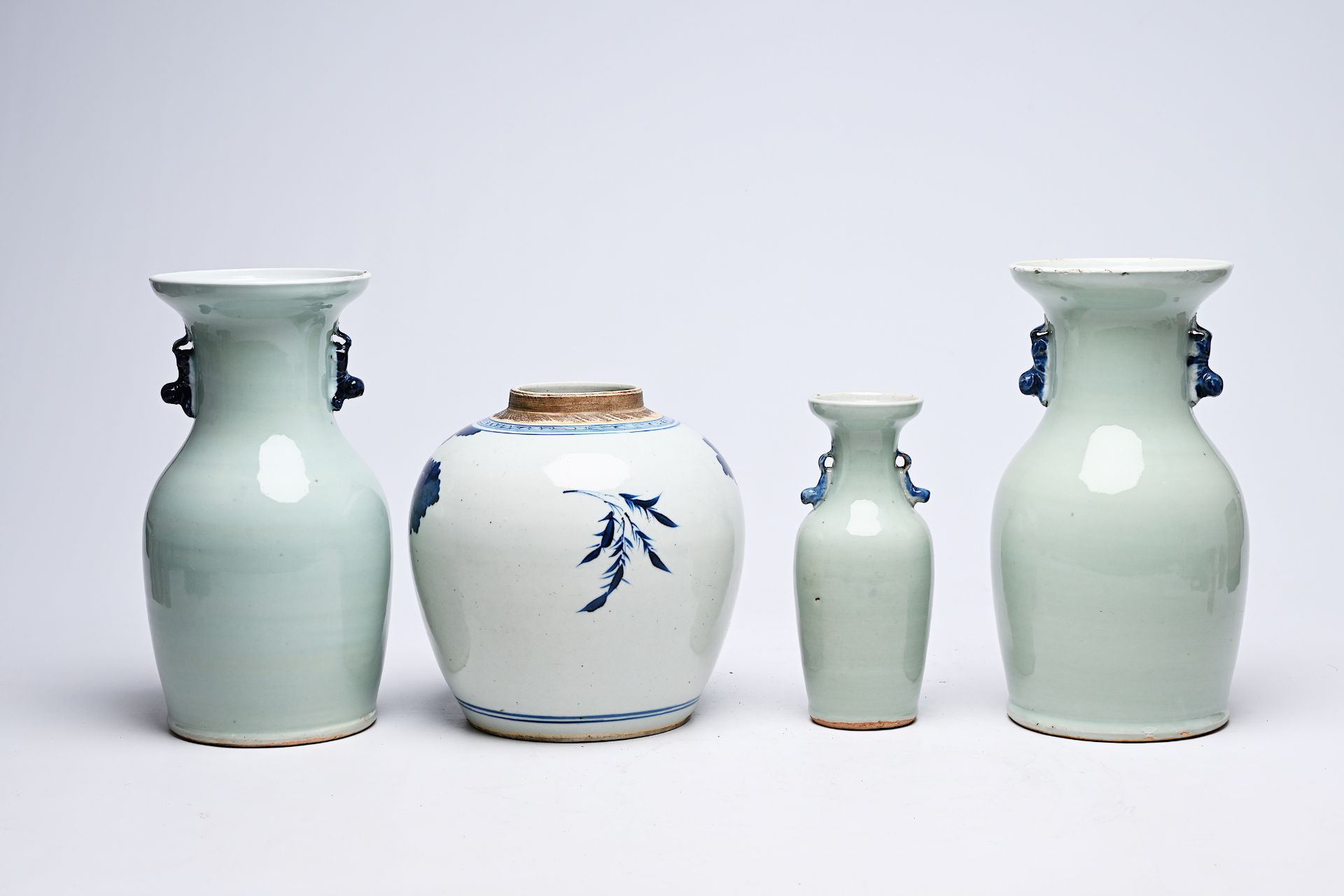 Three Chinese blue and white celadon-ground vases and a blue and white jar, 19th C. - Image 8 of 14
