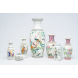 Six Chinese famille rose and qianjiang cai vases and a brush washer with an animated winter landscap