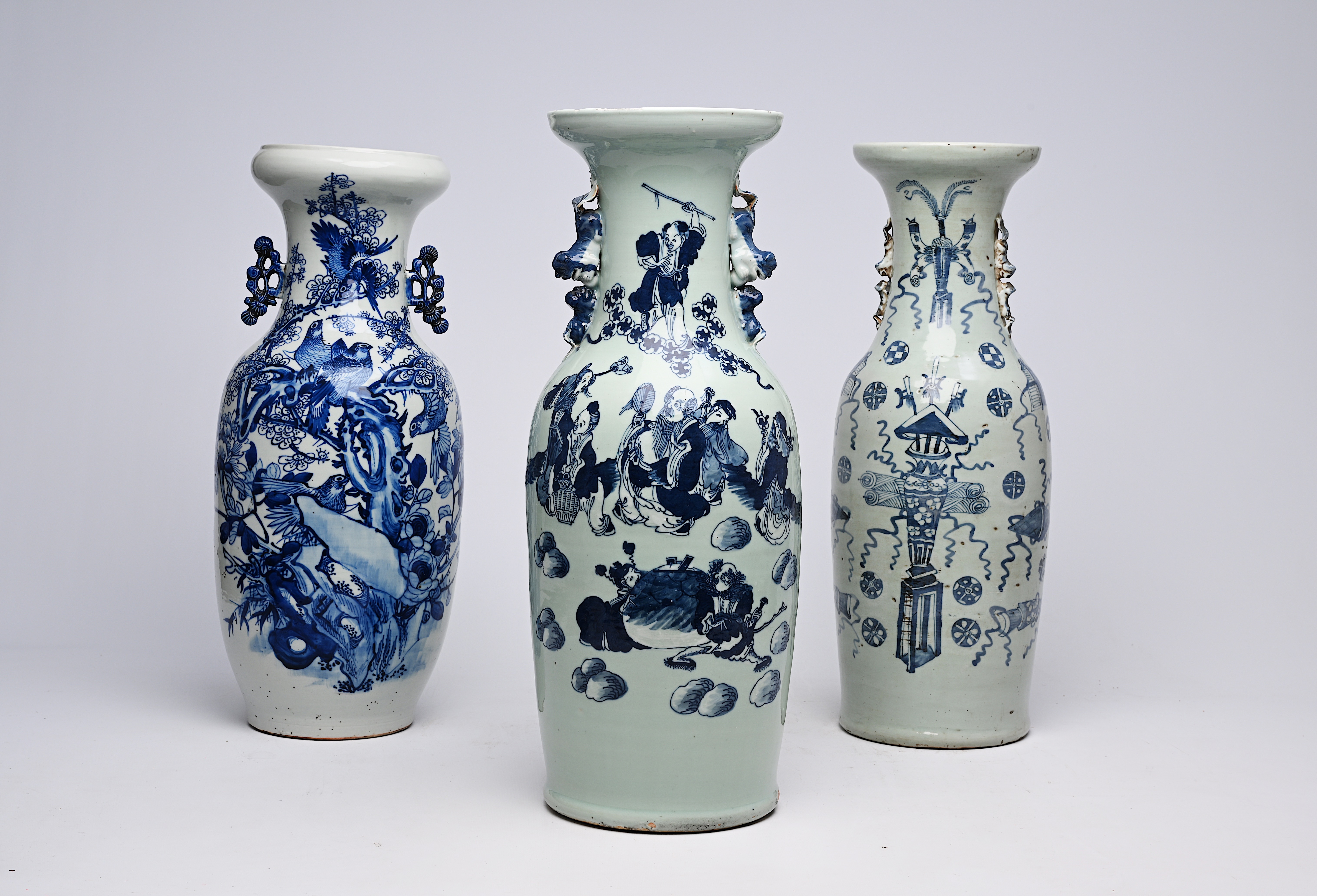 Three various Chinese blue and white celadon ground vases, 19th/20th C. - Image 15 of 16