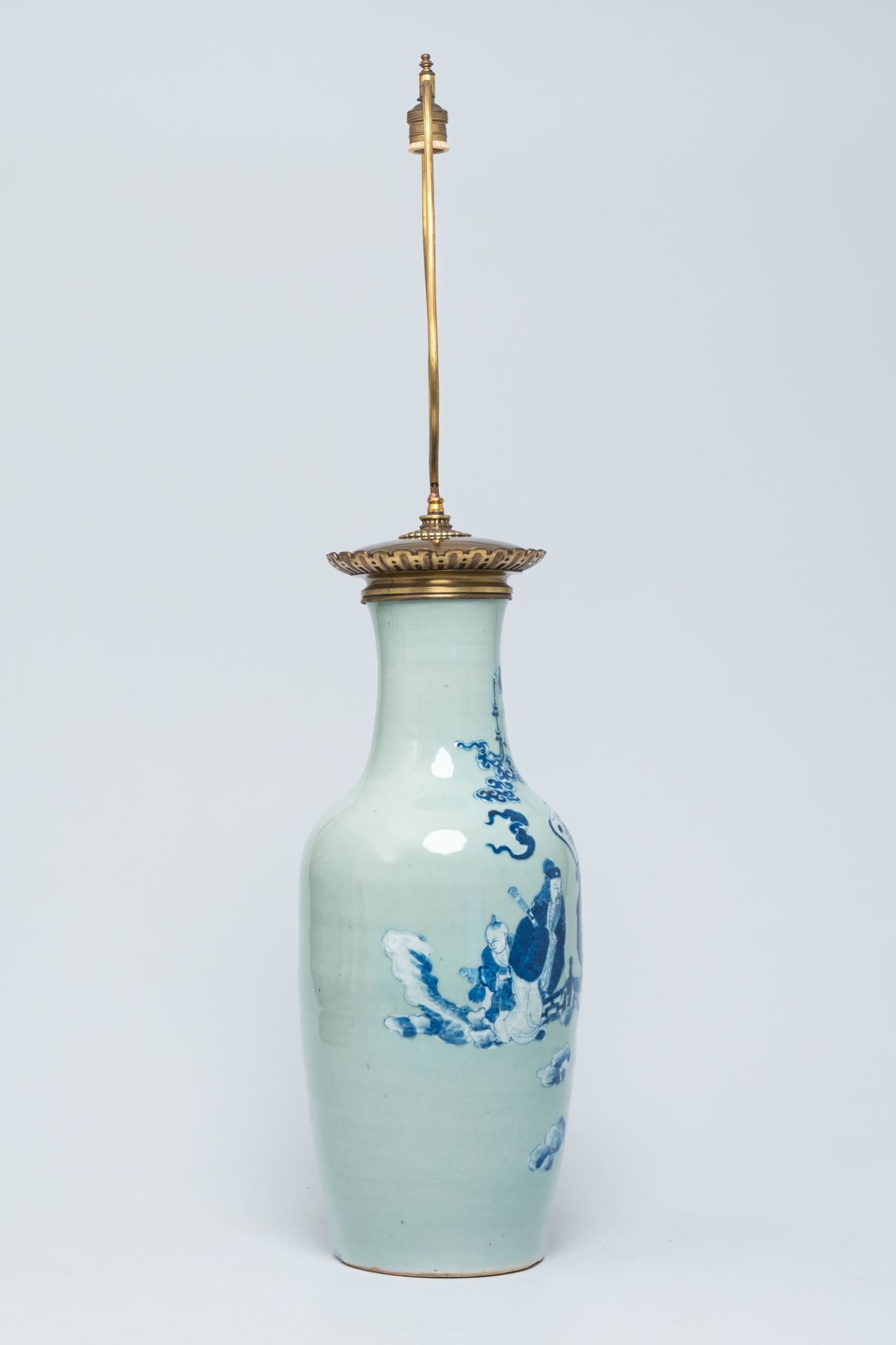 A Chinese blue and white celadon ground vase with the 'Star God' figures and their servants mounted - Image 4 of 8