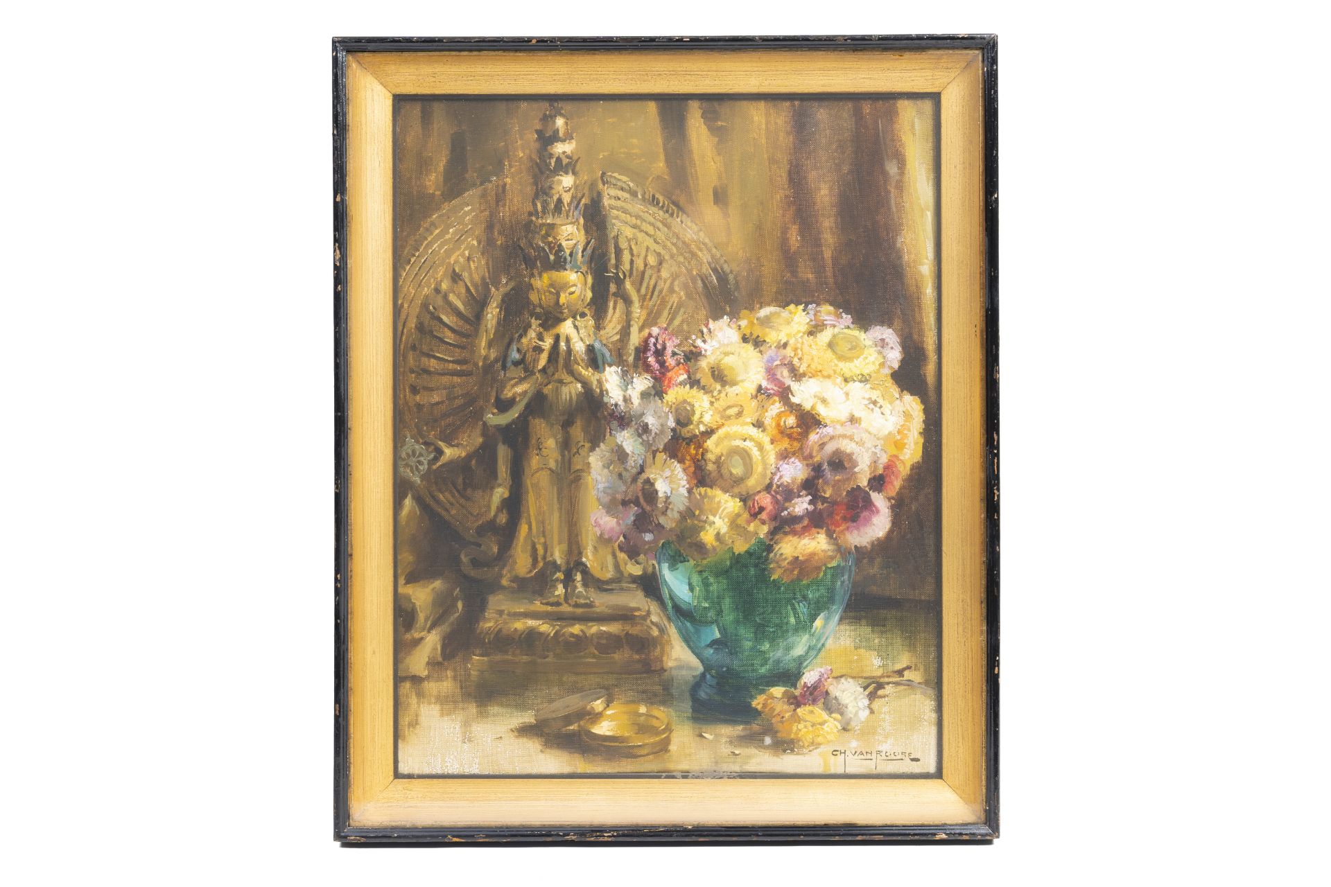 Charles Van Roose (1883-1960): Still life with flowers and a Buddha, oil on canvas - Image 2 of 4