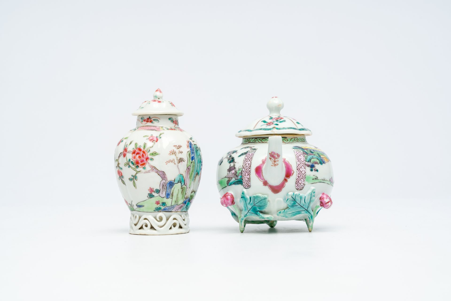 A Chinese famille rose relief-decorated teapot and a tea caddy, Yongzheng/Qianlong - Image 4 of 7