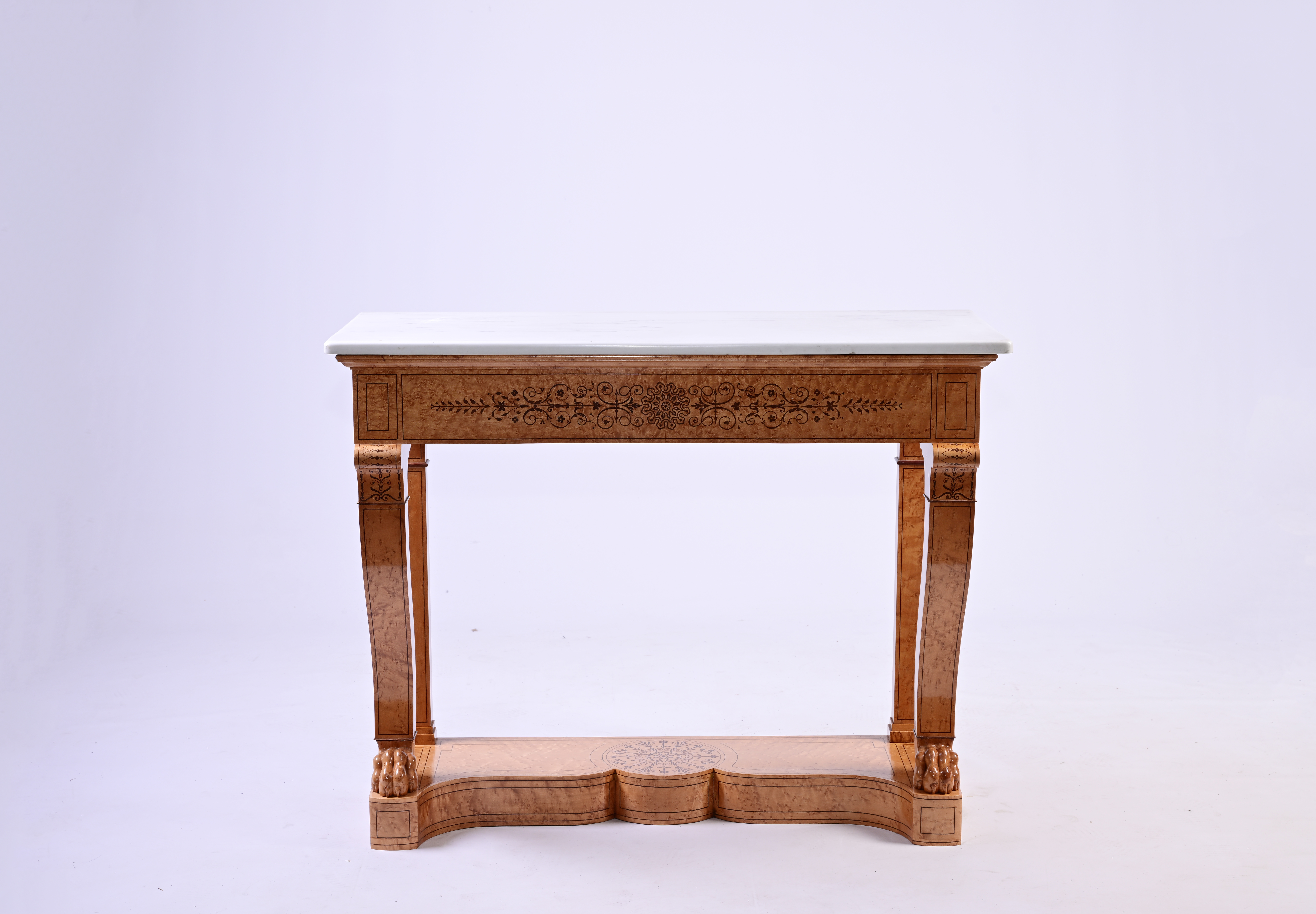 A pair of burl wood veneered Biedermeier style wall consoles with inlay and marble top, 19th/20th C. - Image 8 of 9