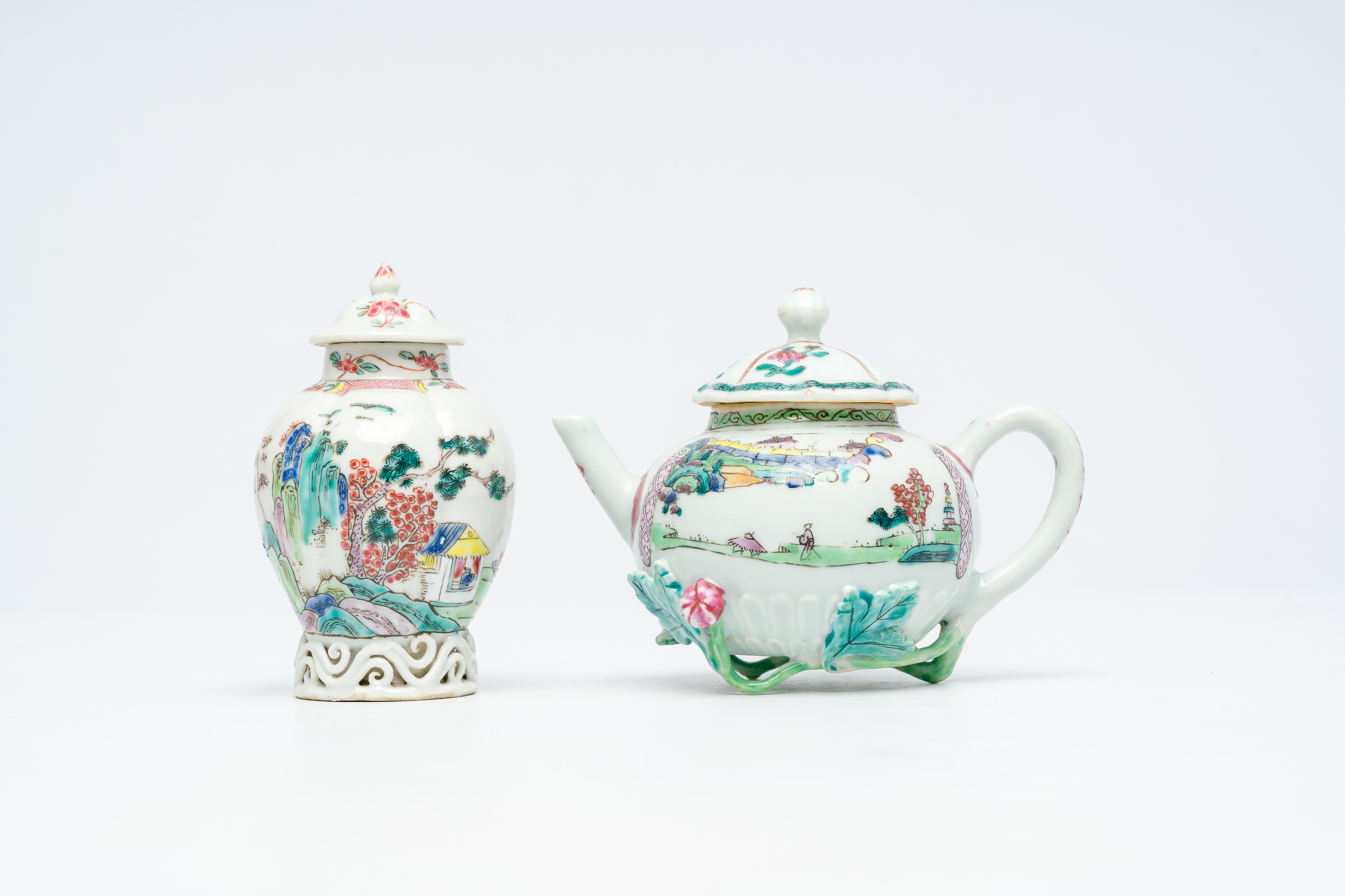 A Chinese famille rose relief-decorated teapot and a tea caddy, Yongzheng/Qianlong - Image 2 of 7