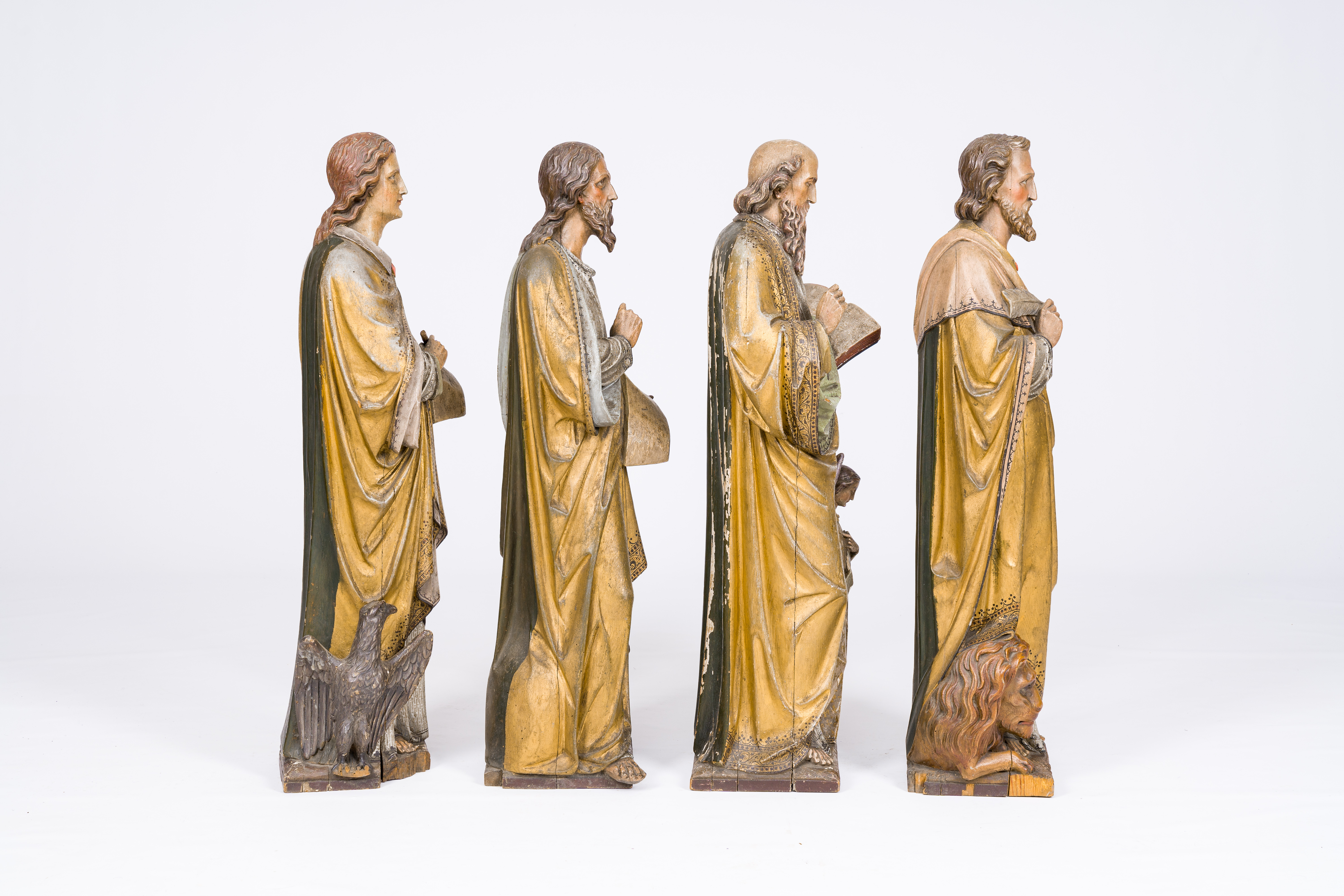 Four large Gothic revival carved, polychromed and gilt limewood 'evangelist' figures, probably Germa - Bild 4 aus 8