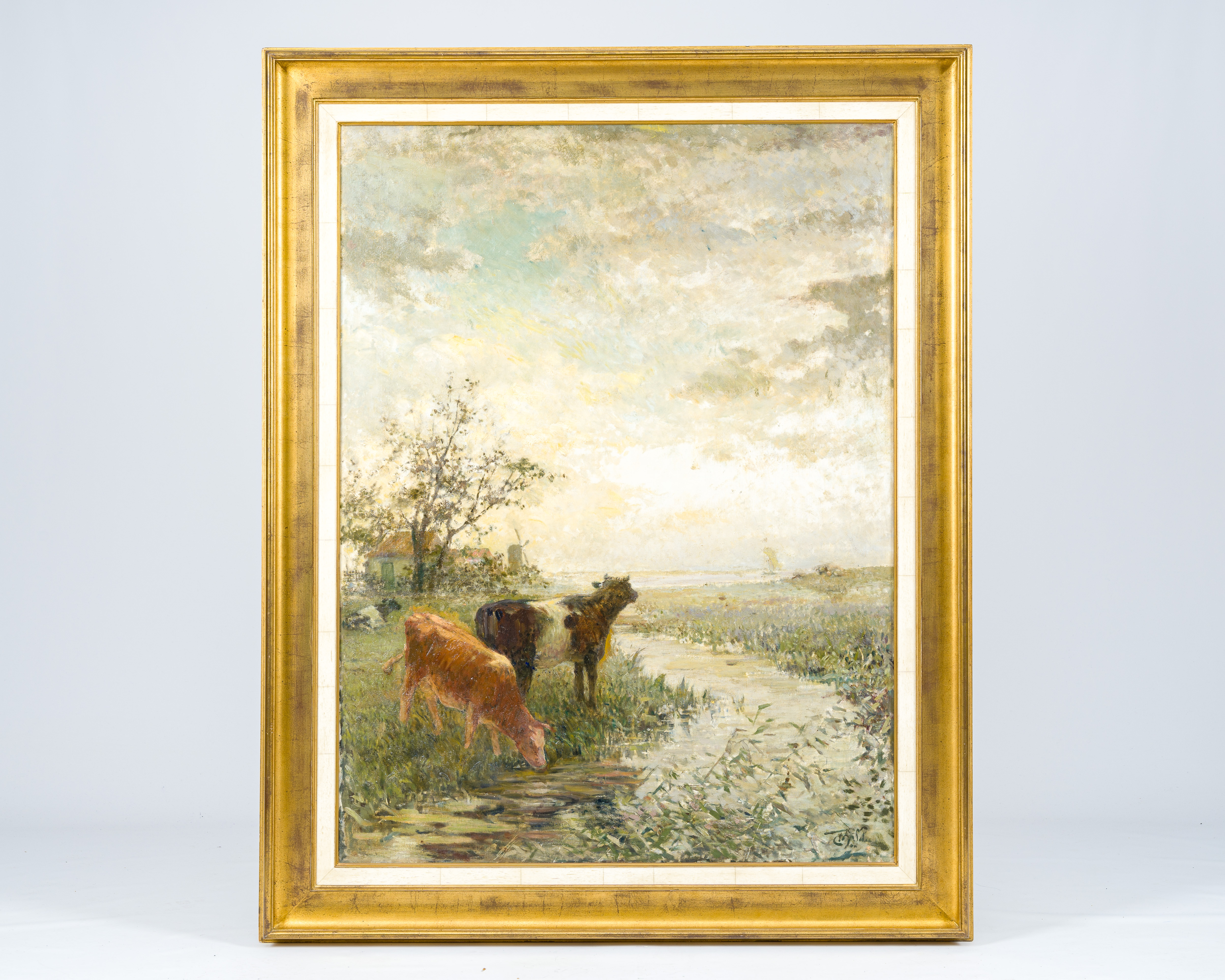 Henri Van Seben (1825-1913): Landscape with cattle by a stream in the foreground, oil on canvas - Image 2 of 5