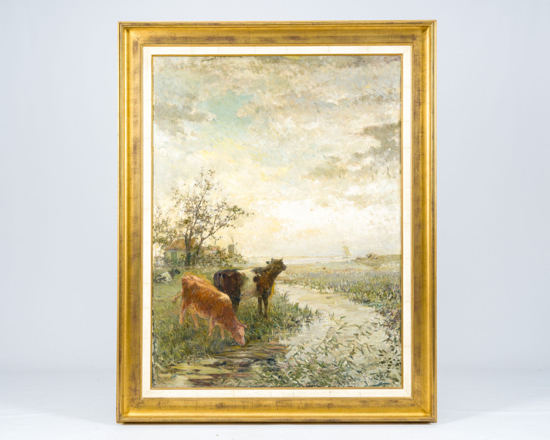 Henri Van Seben (1825-1913): Landscape with cattle by a stream in the foreground, oil on canvas - Image 2 of 5