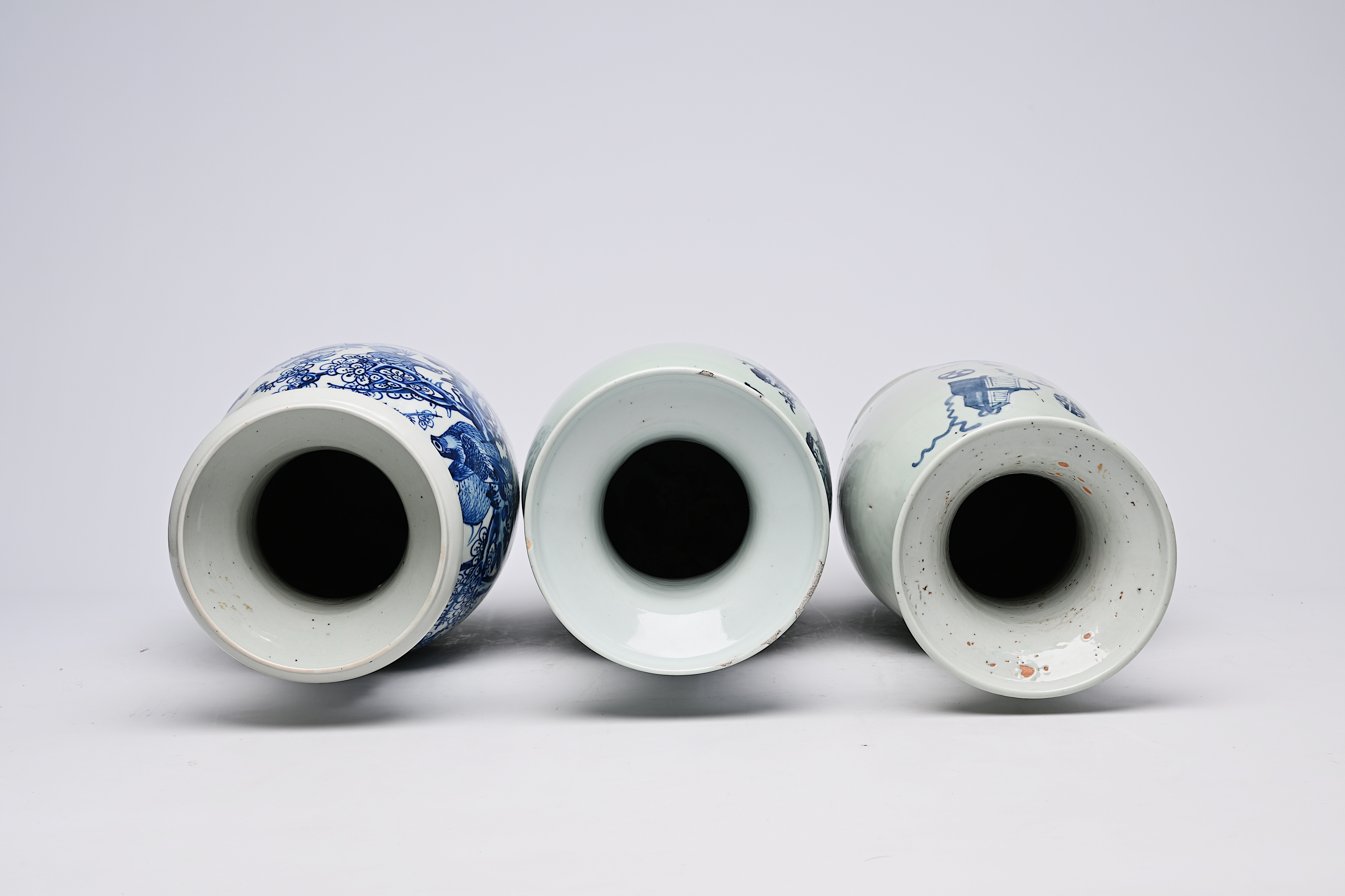 Three various Chinese blue and white celadon ground vases, 19th/20th C. - Image 9 of 16