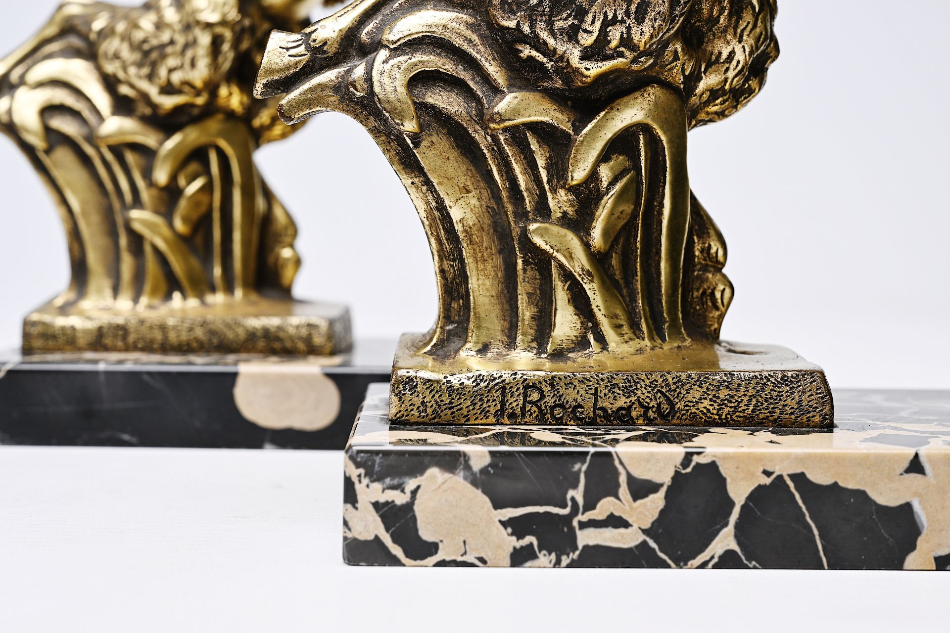 Irenee Rochard (1906-1984): A pair of bookends in the shape of satyrs, gilt bronze on a marble base - Image 7 of 8