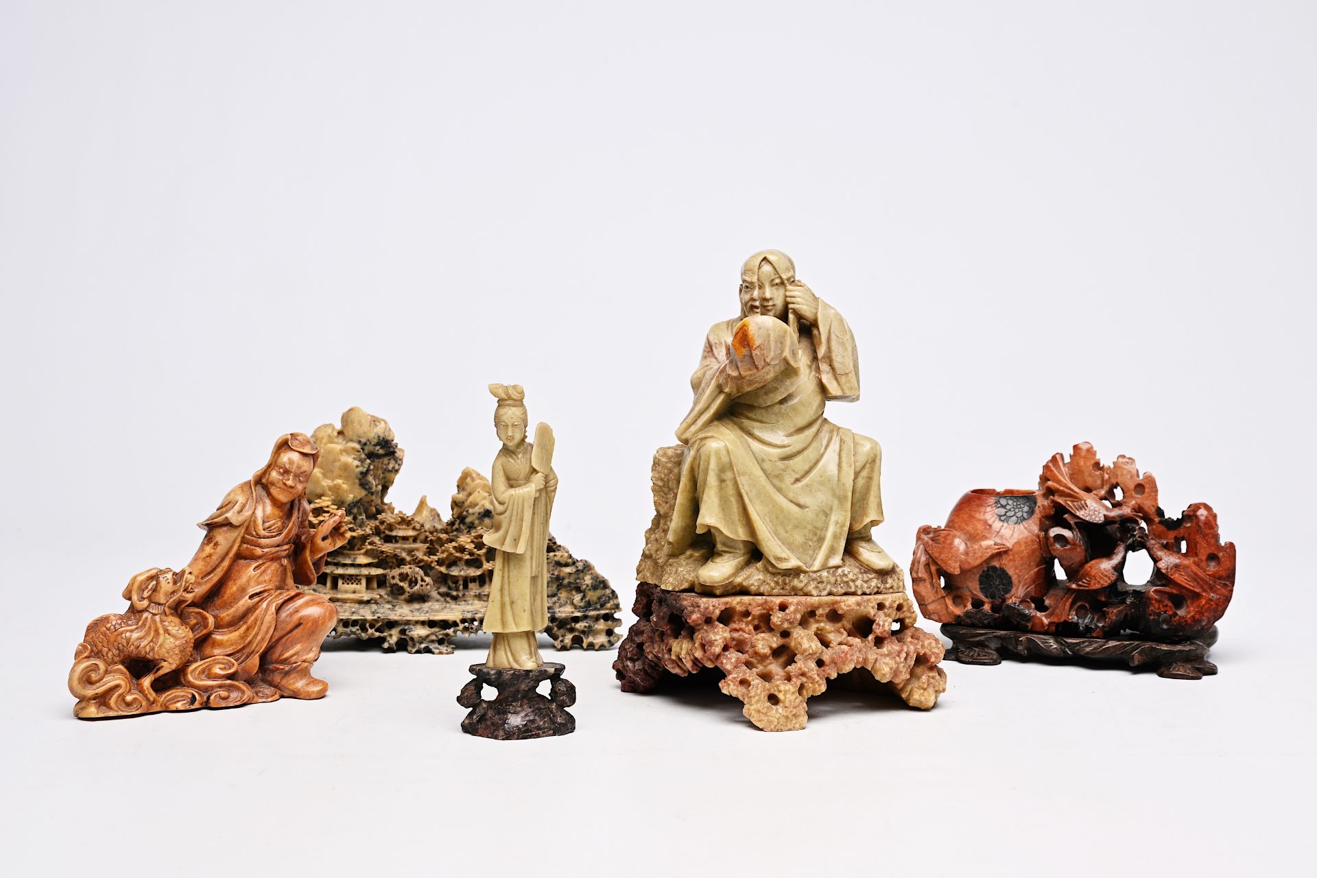 Five Chinese soapstone sculptures, three turquoise glazed lions and a pair of blue and white plates, - Image 6 of 24