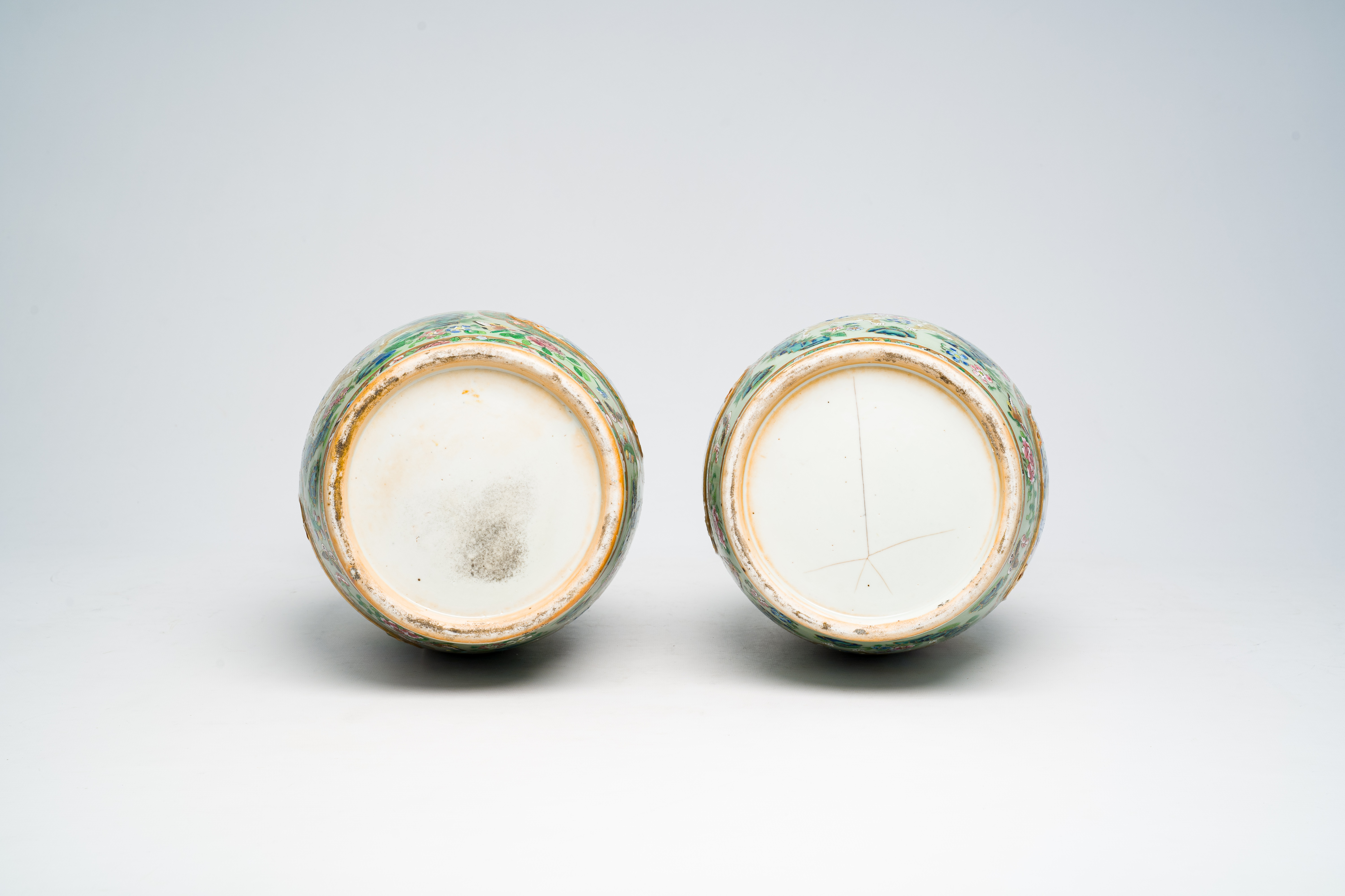 A pair of Chinese Canton famille rose celadon ground vases with palace scenes, animals and antiquiti - Image 12 of 64