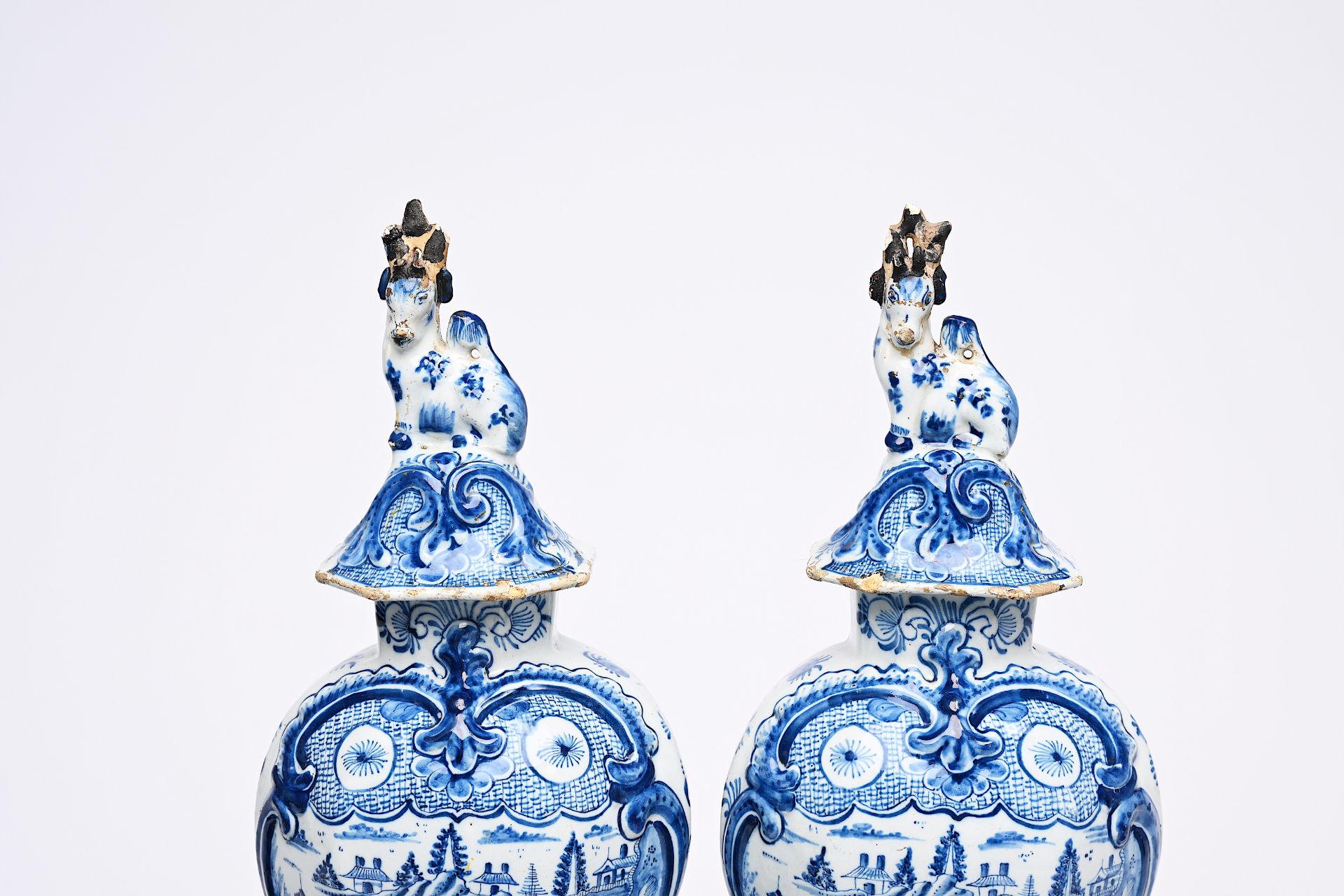 A pair of Dutch Delft blue and white vases and covers with landscapes and four various plates, 18th/ - Image 13 of 13