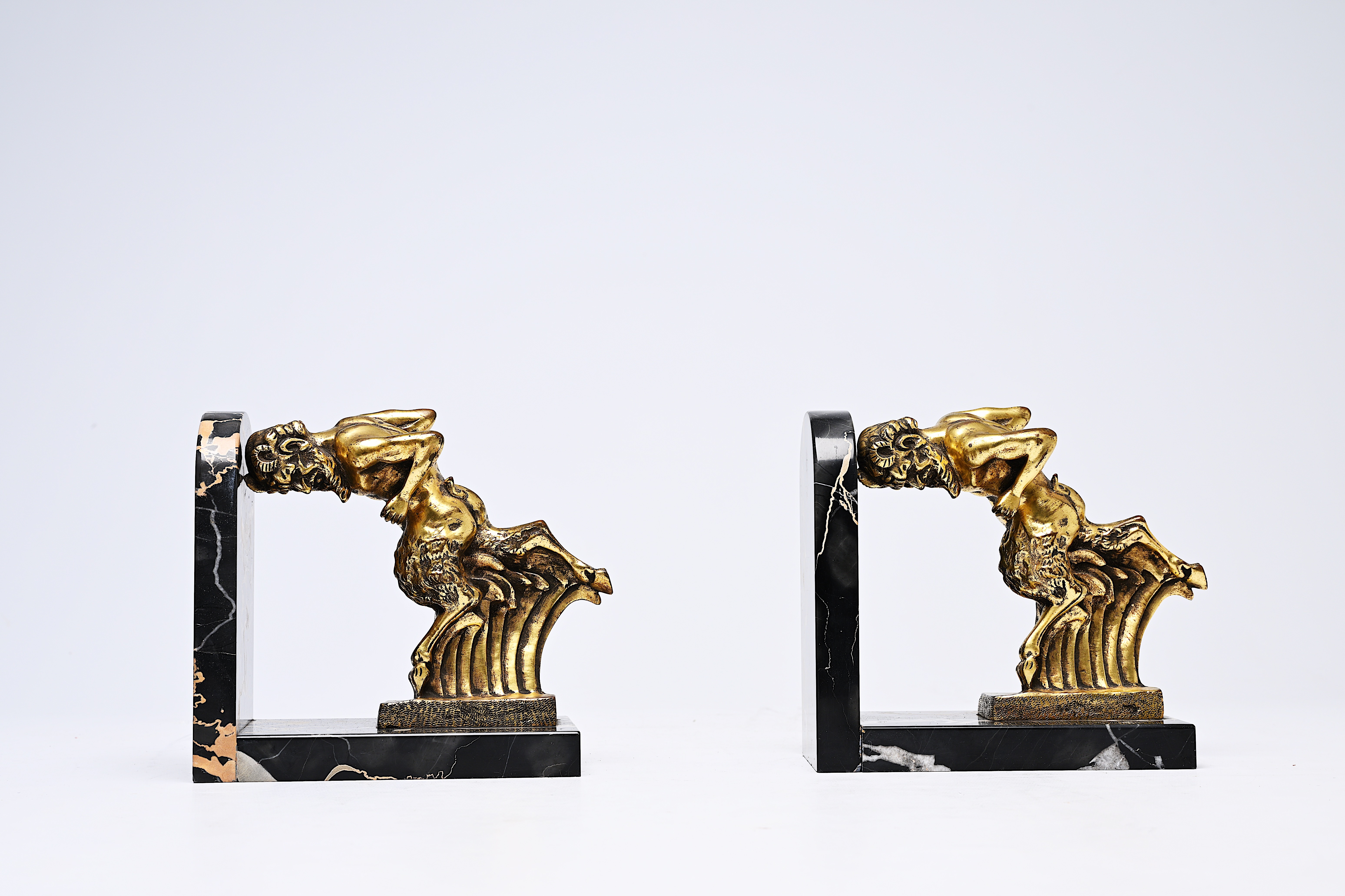 Irenee Rochard (1906-1984): A pair of bookends in the shape of satyrs, gilt bronze on a marble base - Image 2 of 8