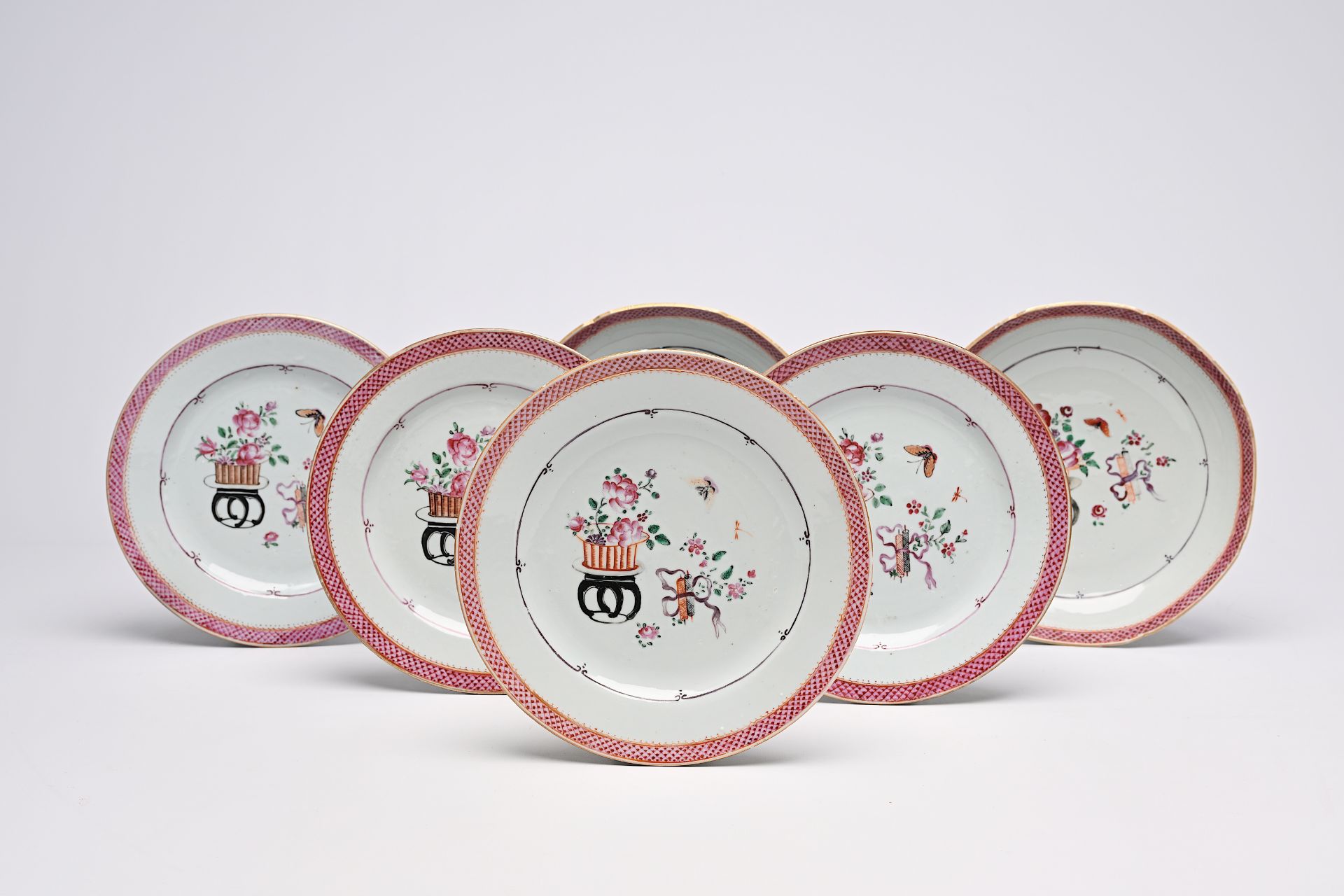 Six Chinese famille rose plates with antiquities and floral design, Qianlong - Image 2 of 6