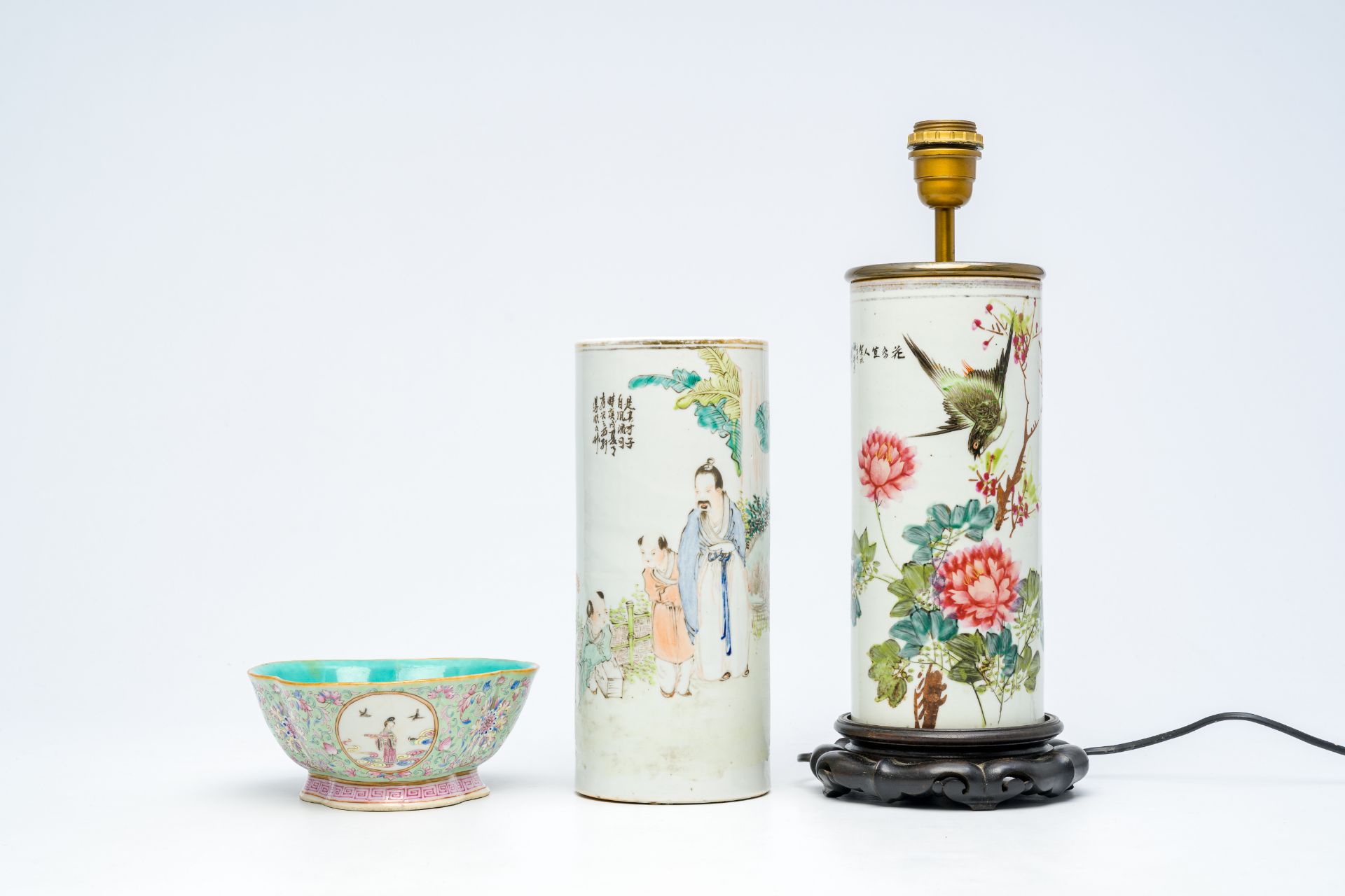 Two Chinese qianjiang cai hat stand and a lobed famille rose bowl with Immortals and floral design, - Image 2 of 7