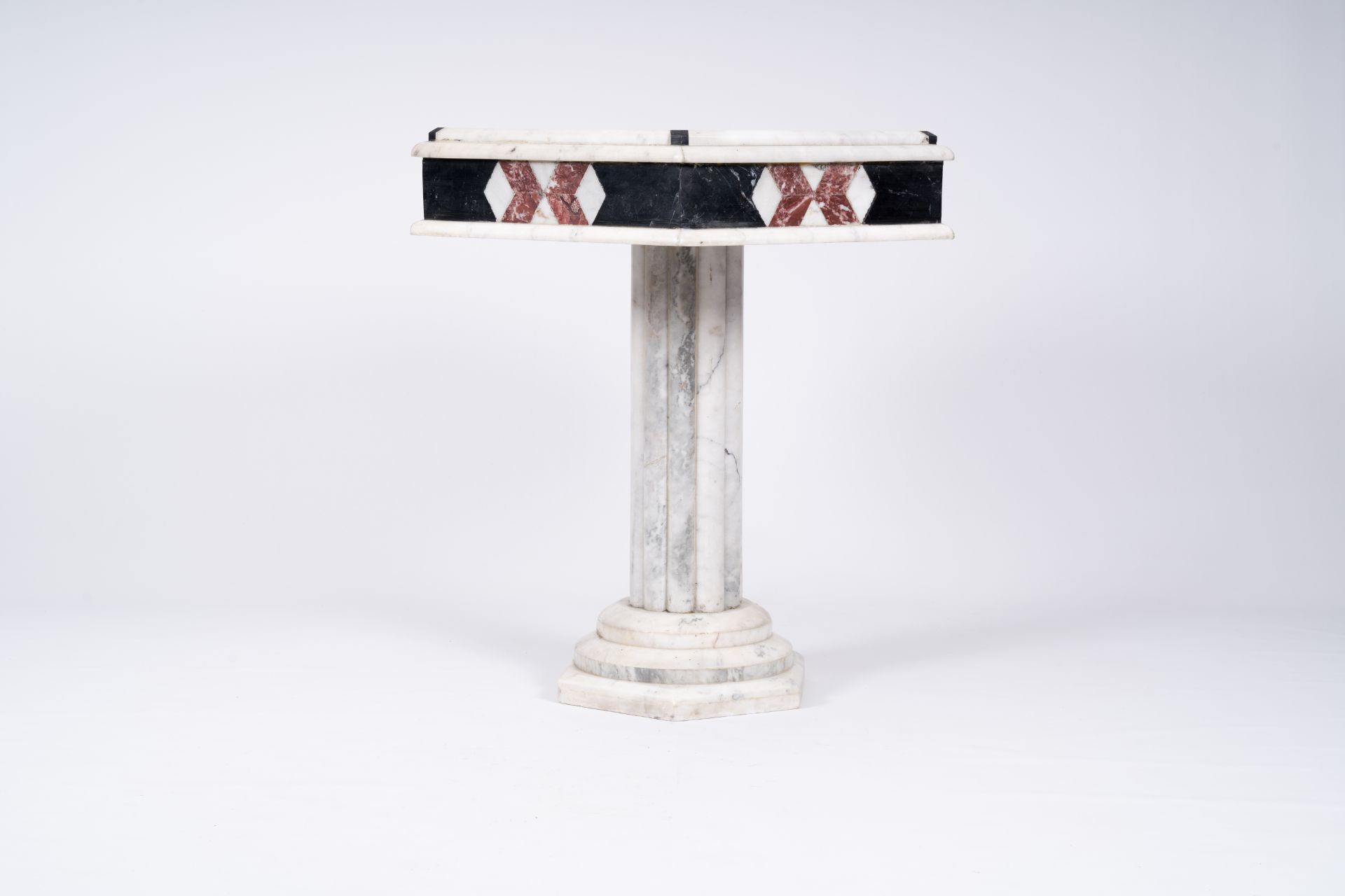 An Italian hexagonal marble side table with geometric design, 20th C. - Image 5 of 7