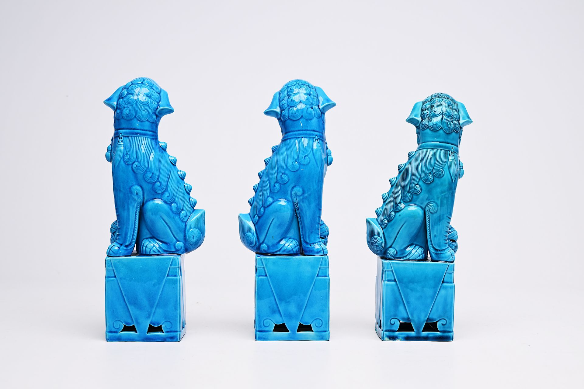 Five Chinese soapstone sculptures, three turquoise glazed lions and a pair of blue and white plates, - Image 15 of 24