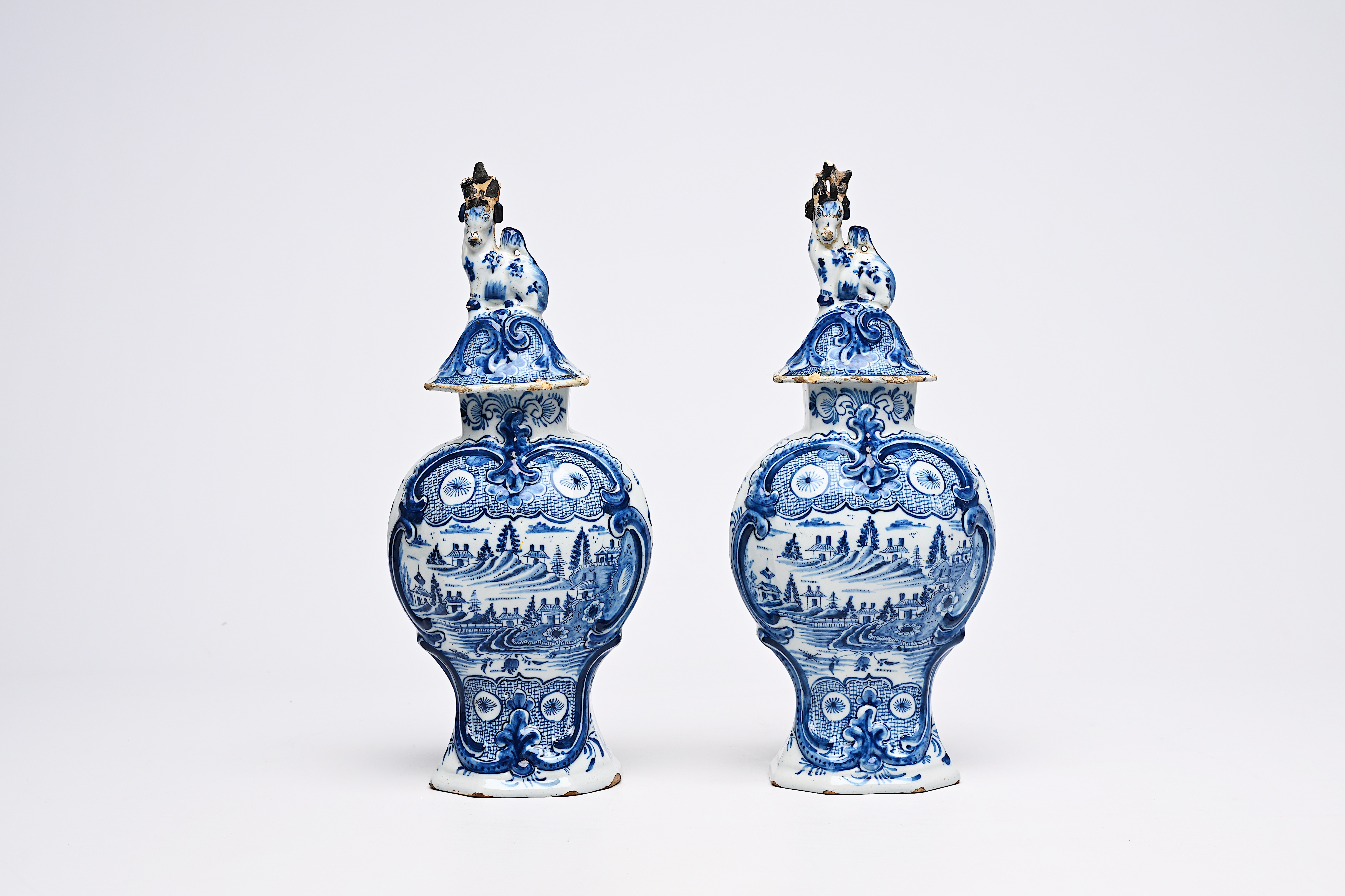 A pair of Dutch Delft blue and white vases and covers with landscapes and four various plates, 18th/ - Image 5 of 13