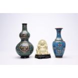 Two cloisonne and champleve vases and a soapstone figure of Buddha, China and Japan, 19th/20th C.