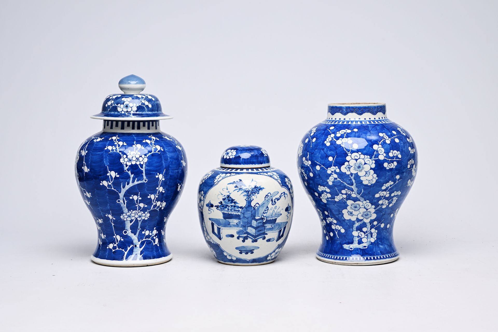 Two Chinese blue and white prunus on cracked ice ground vases and a jar and cover with antiquities, - Image 2 of 16