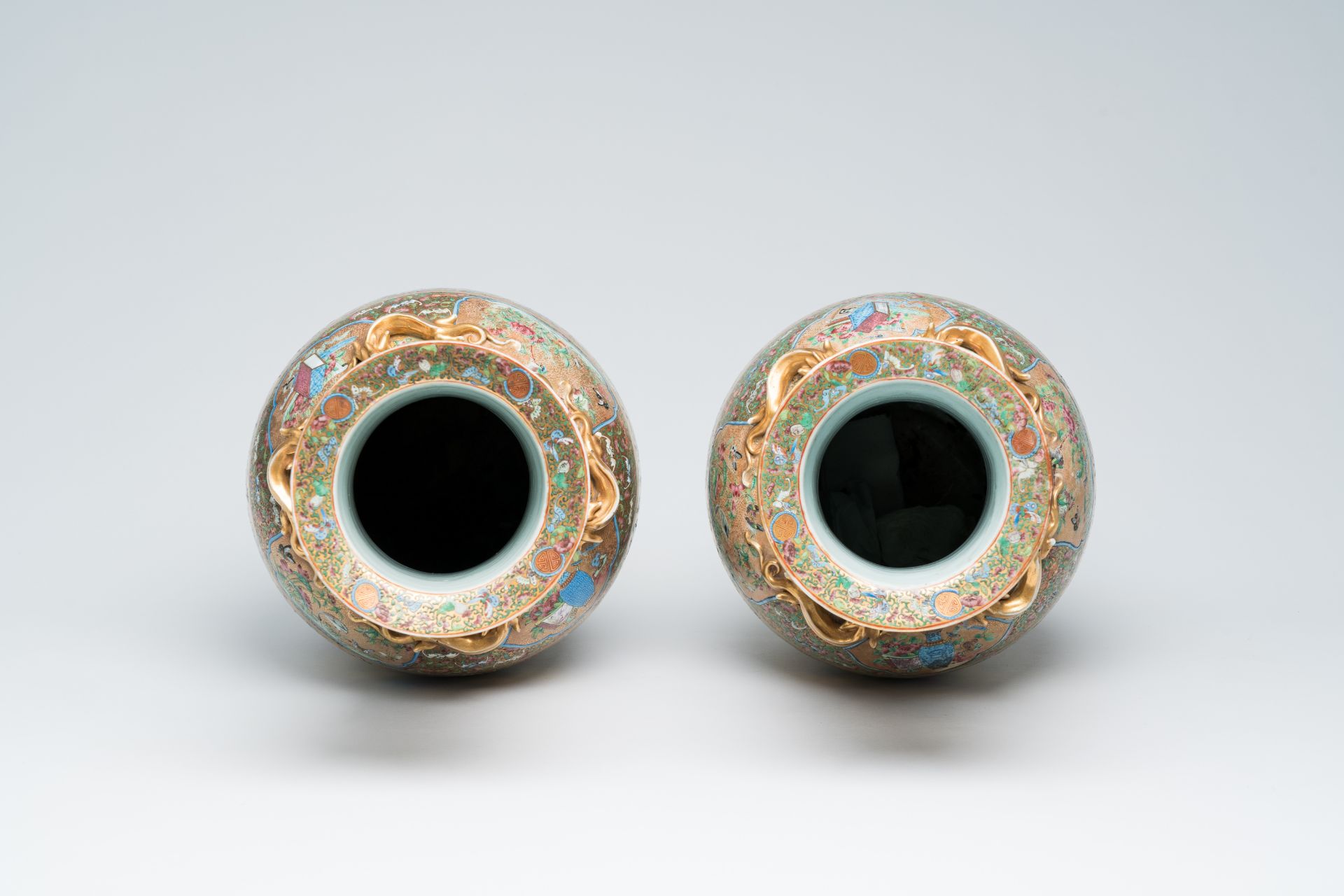 A pair of Chinese Canton famille rose gold ground vases with birds and butterflies among blossoming - Image 10 of 60