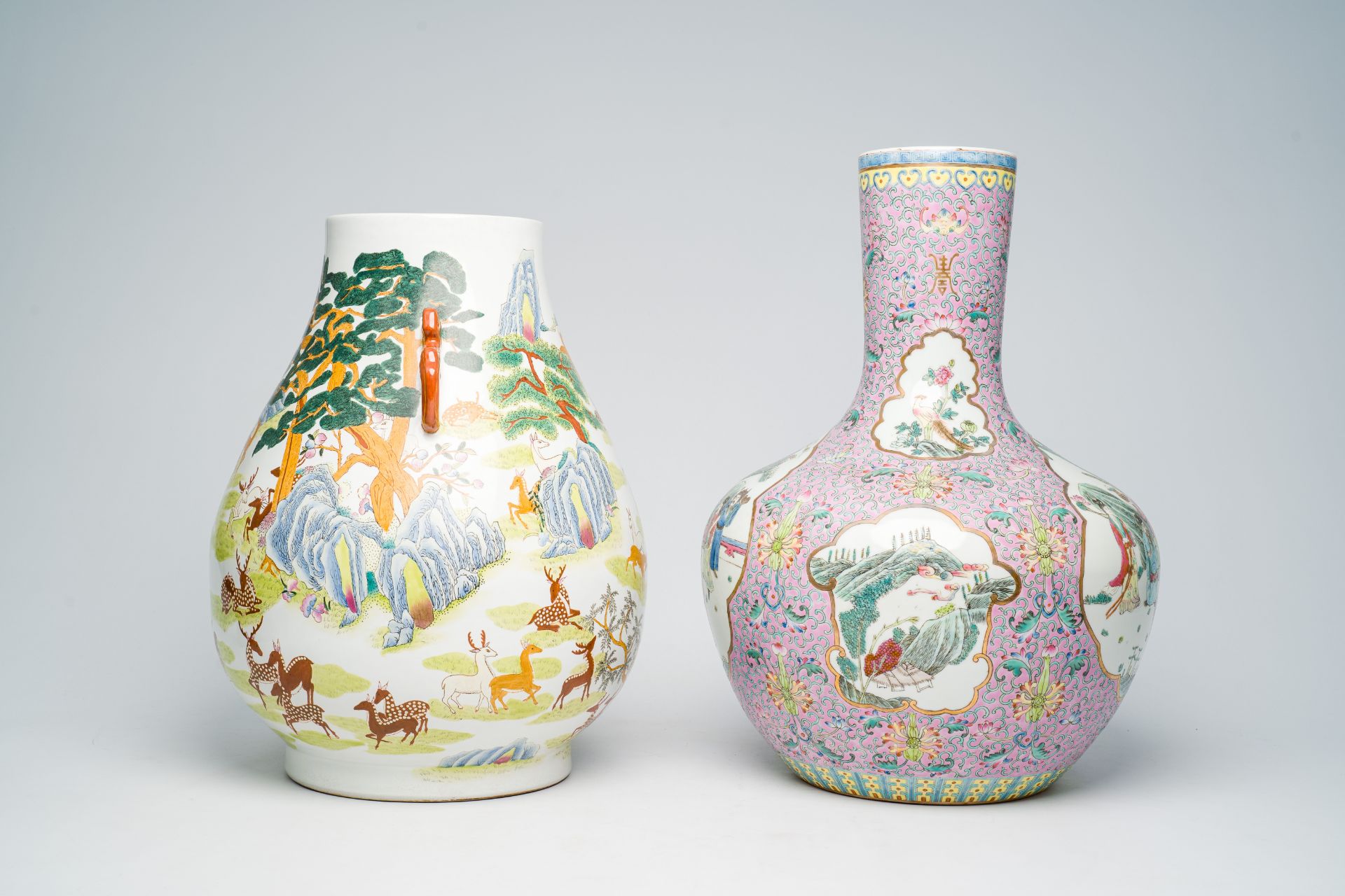 A Chinese famille rose tianqiu ping vase with Immortals and their servants in a landscape and a fami - Image 3 of 36