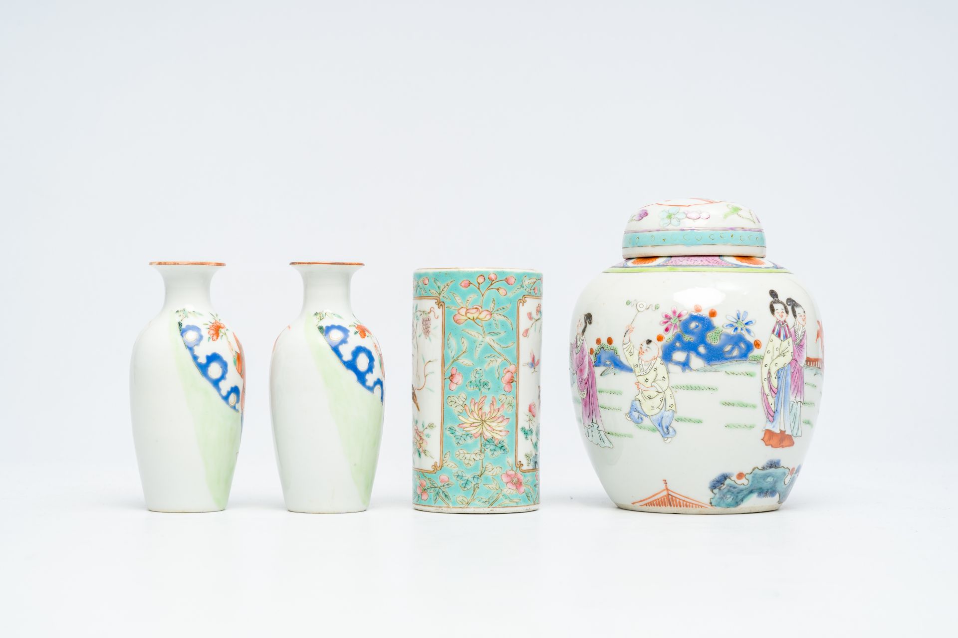 A Chinese famille rose brush pot, a jar and cover with figures in a garden and a pair of 'Immortals' - Image 9 of 14