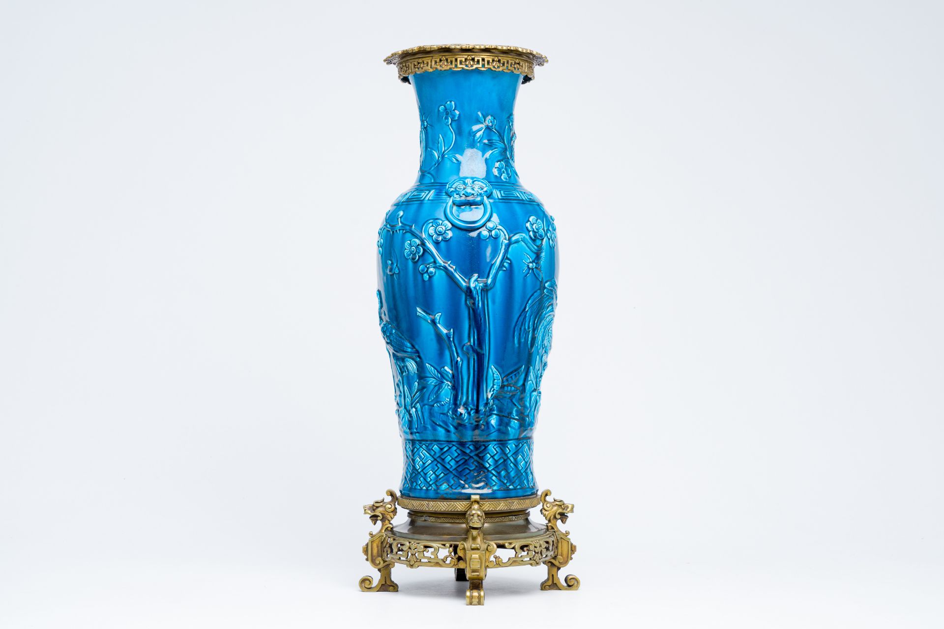 A French turquoise glazed bronze mounted chinoiserie vase with relief design, probably Theodore Deck - Image 3 of 7