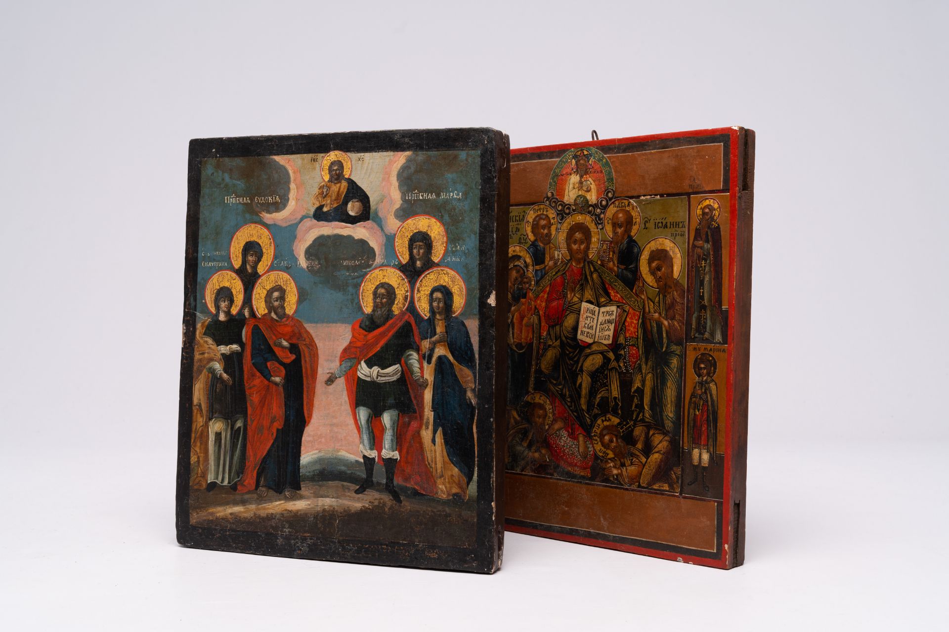 Two orthodox icons, 'Jesus Christ enthroned (Deesis)' and 'Saints', 19th C. - Image 5 of 7