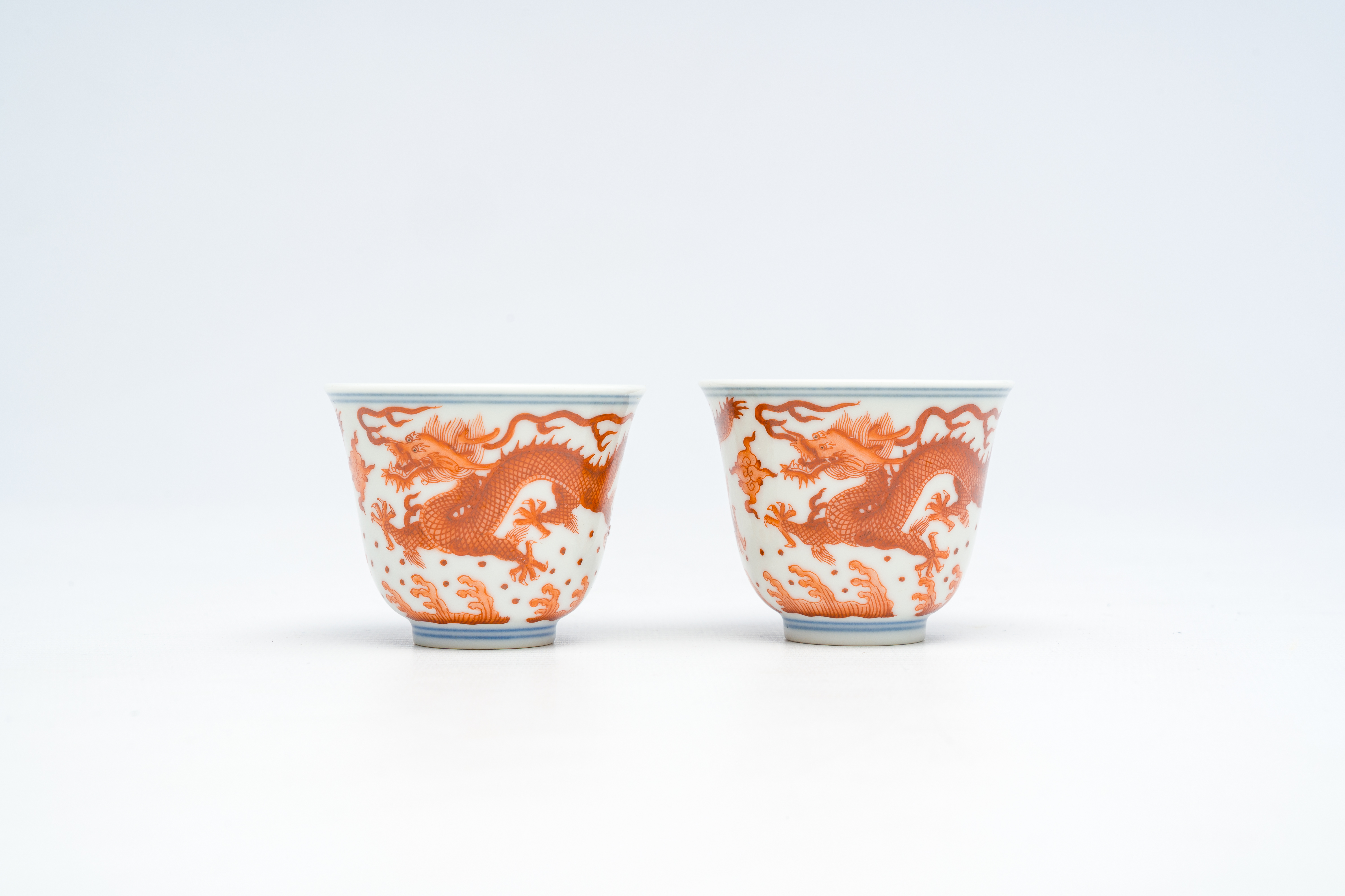 A pair of Chinese blue, white and iron-red 'dragons chasing the pearl' cups, Guangxu mark, 19th/20th - Image 10 of 14